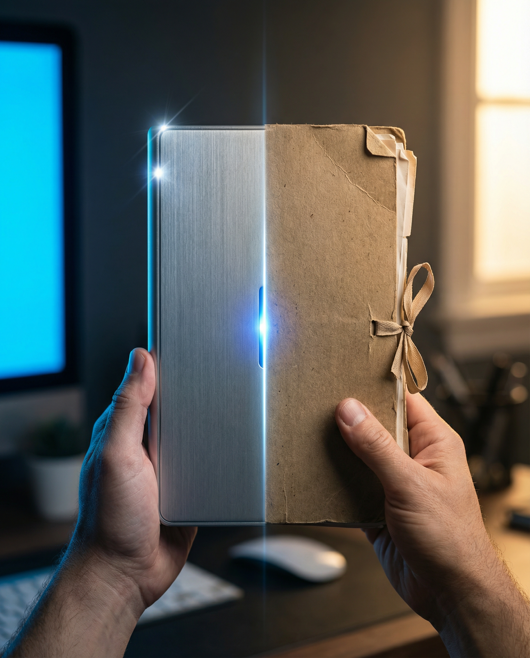 Photorealistic close-up editorial photograph: hands holding two contrasting objects side by side—sleek modern AI device on left versus traditional marketing materials folder on right—sharp macro focus