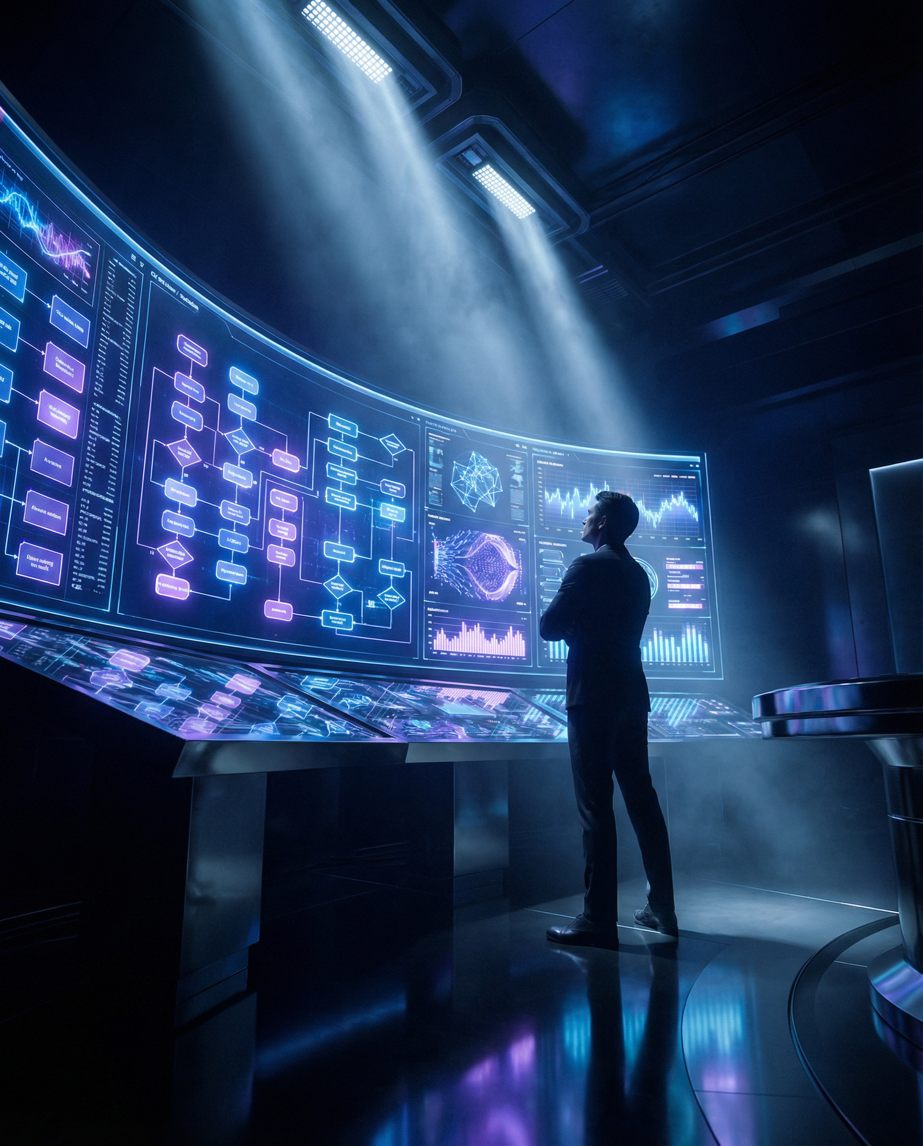 Photorealistic editorial photograph: futuristic control room with massive curved display showing customer journey flowcharts and predictive analytics visualizations in electric blue and purple hues, s