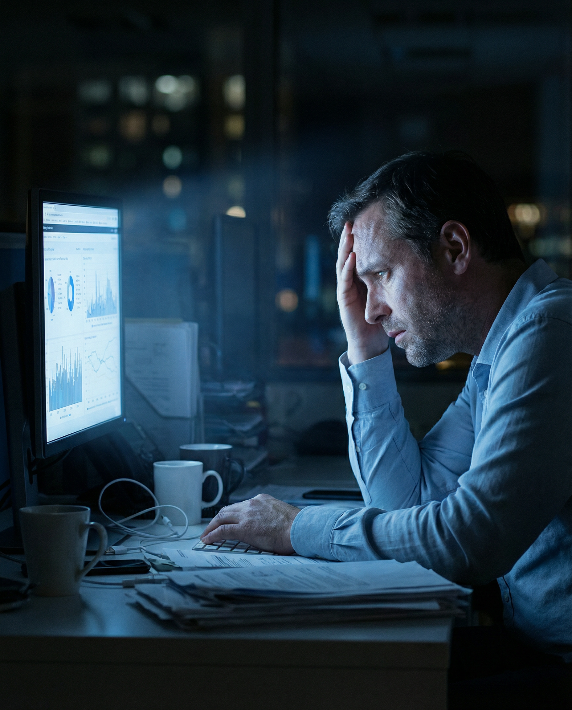 Photorealistic editorial photograph: tense moment of frustrated marketer staring at computer screen in dimly lit office at night, profile shot with monitor glow illuminating face showing concern, desk