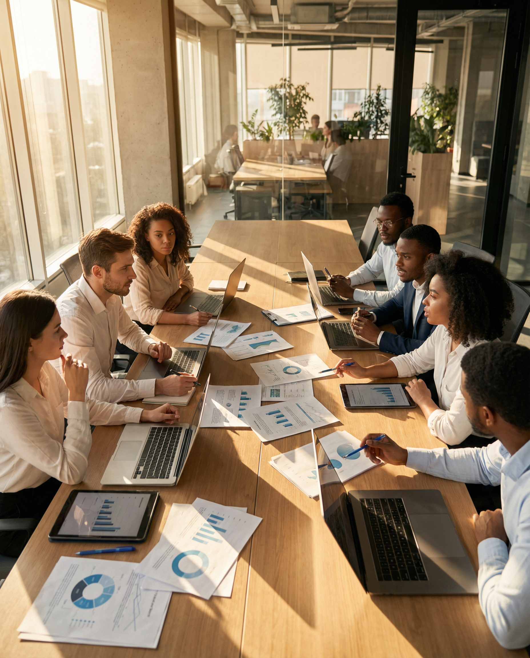 Photorealistic editorial photograph: diverse marketing team sitting around modern conference table covered in printed analytics reports and laptops, overhead wide establishing shot, warm afternoon sun