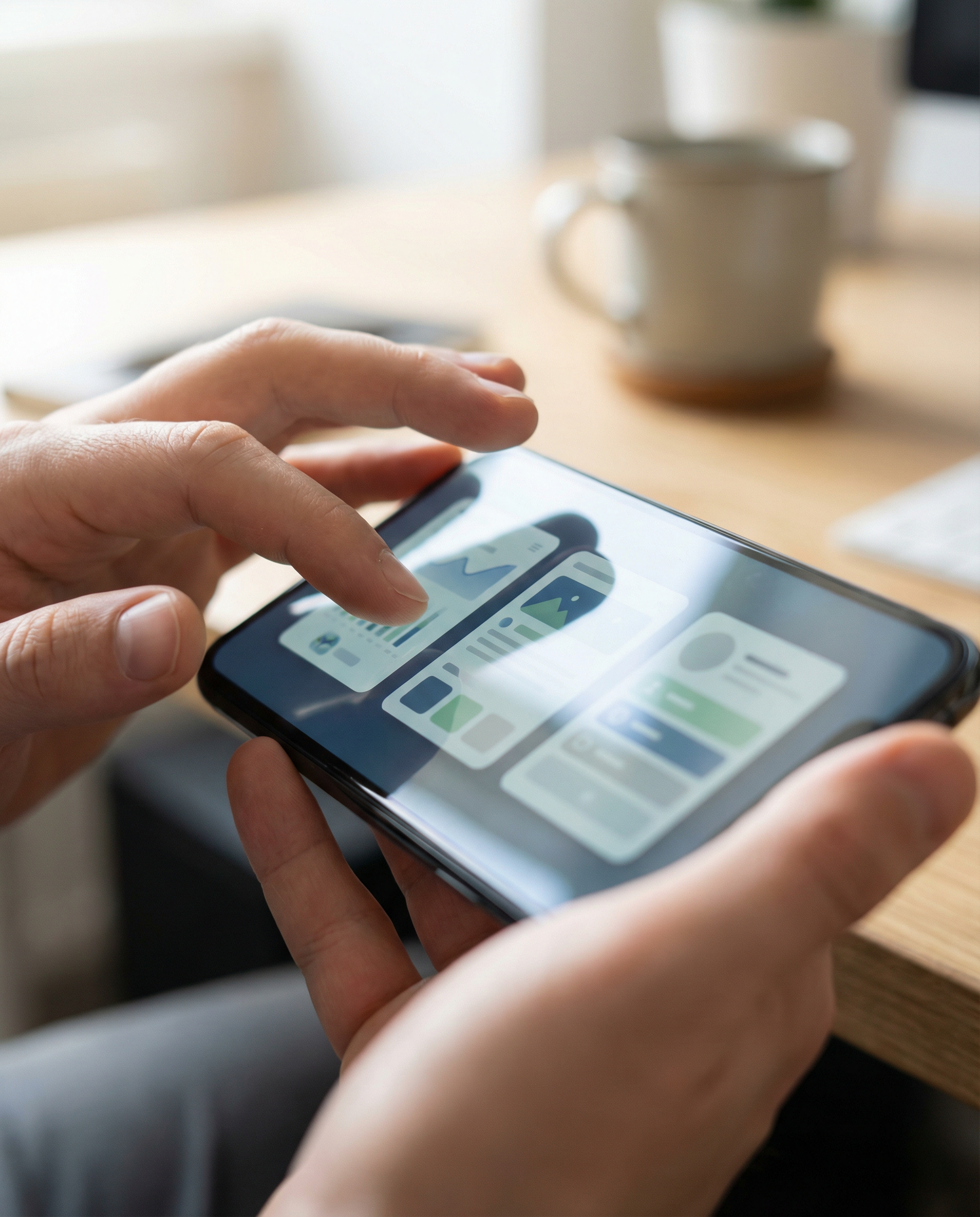 Photorealistic editorial photograph: extreme close-up of hands holding smartphone displaying three different AI marketing tool interfaces side by side on screen, macro lens perspective, soft diffused