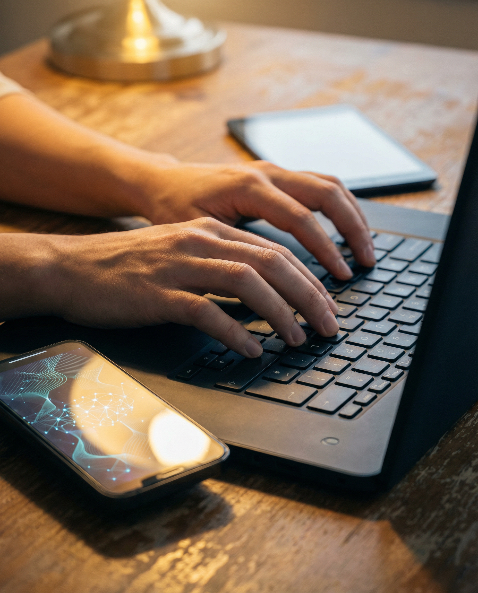 Photorealistic editorial photograph: extreme close-up macro shot of human hands typing on laptop keyboard with smartphone displaying AI interface beside it, three different devices arranged on wooden
