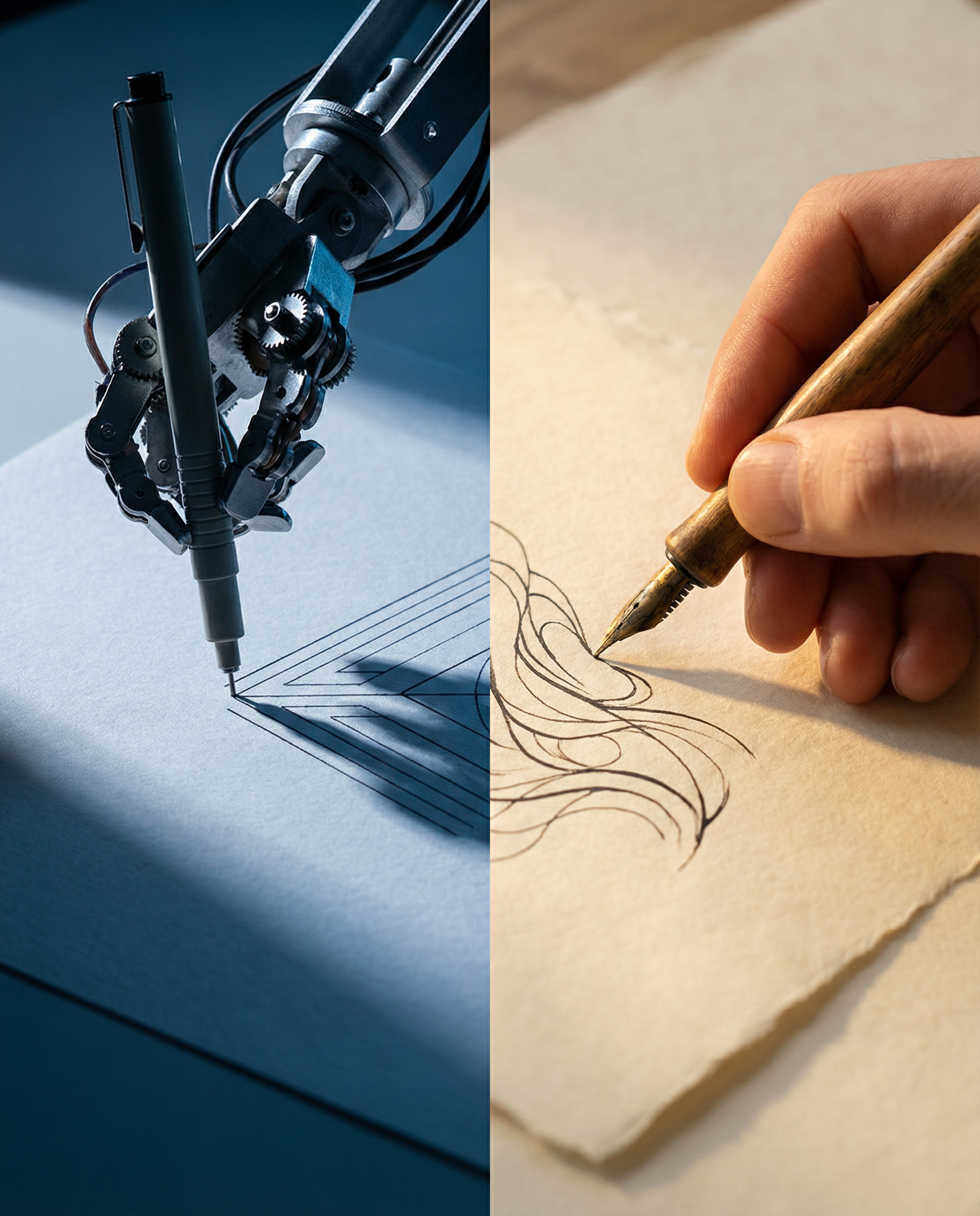 Photorealistic editorial photograph: split-screen visual metaphor showing contrast between robotic mechanical arm writing with pen on left side and human hand writing creatively on right side, dramati