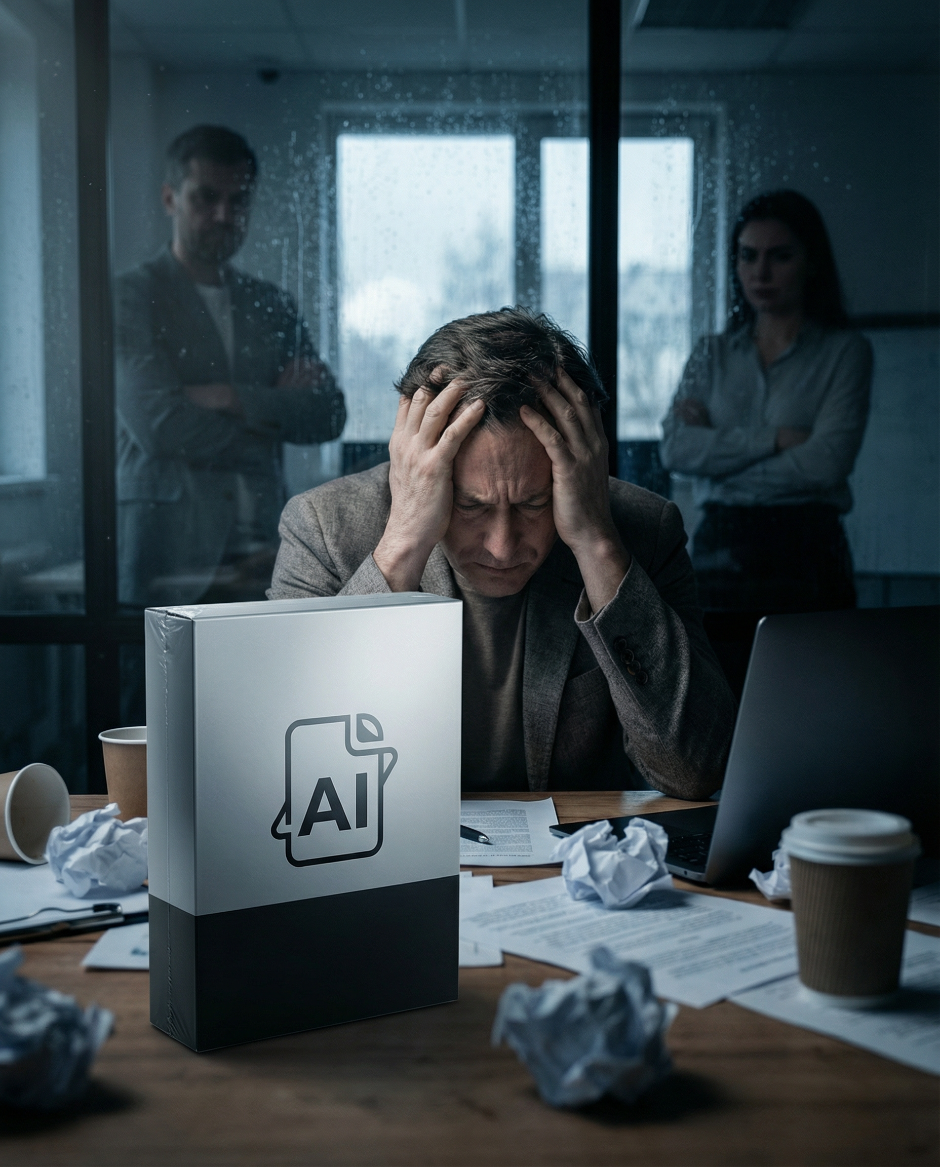 Photorealistic editorial photograph: close-up of frustrated marketing professional with head in hands at cluttered desk, expensive unopened AI software box prominent in foreground sharp focus, blurred