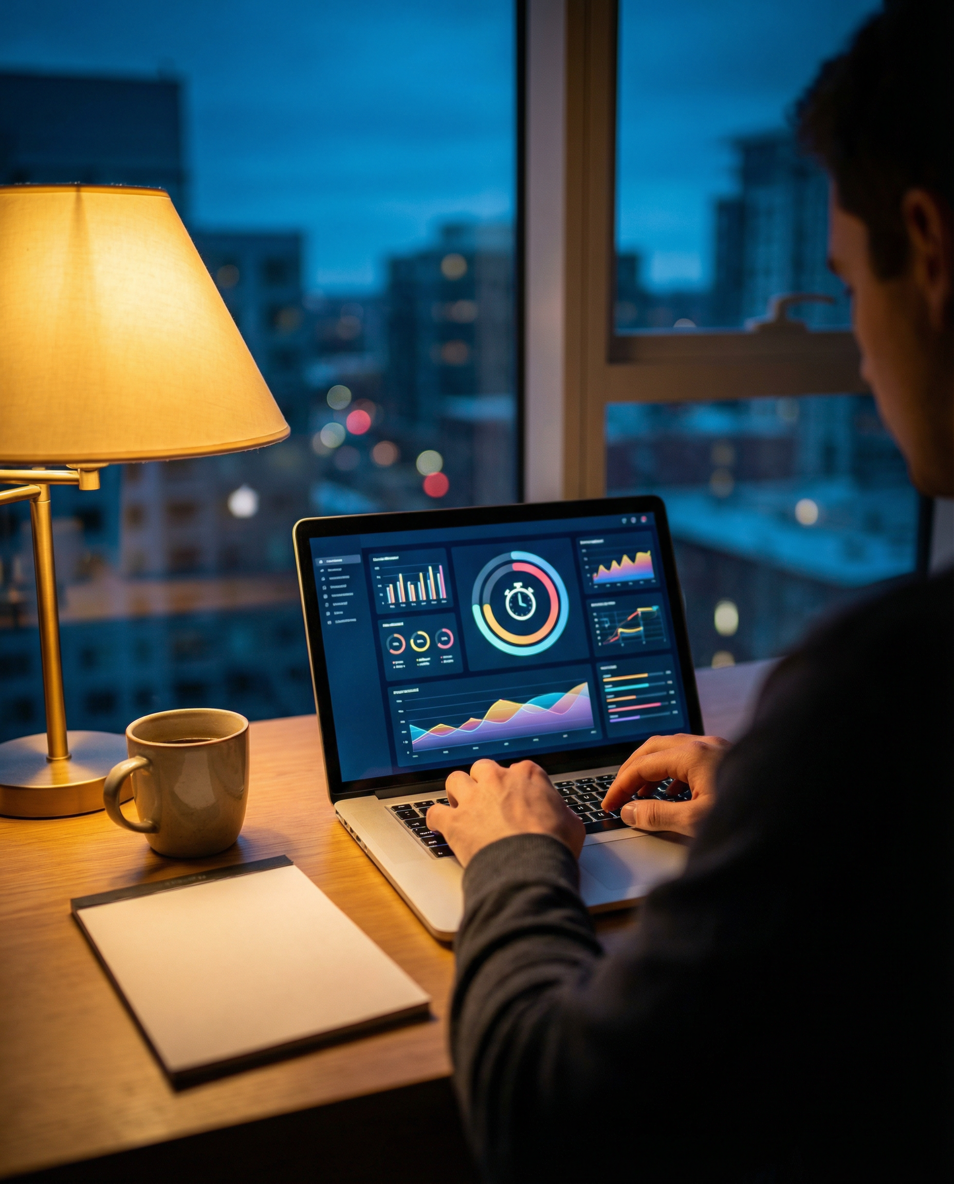 Photorealistic editorial photograph: over-the-shoulder shot of laptop screen showing free trial countdown timer interface with colorful dashboard metrics, person's hands typing on keyboard in foregrou