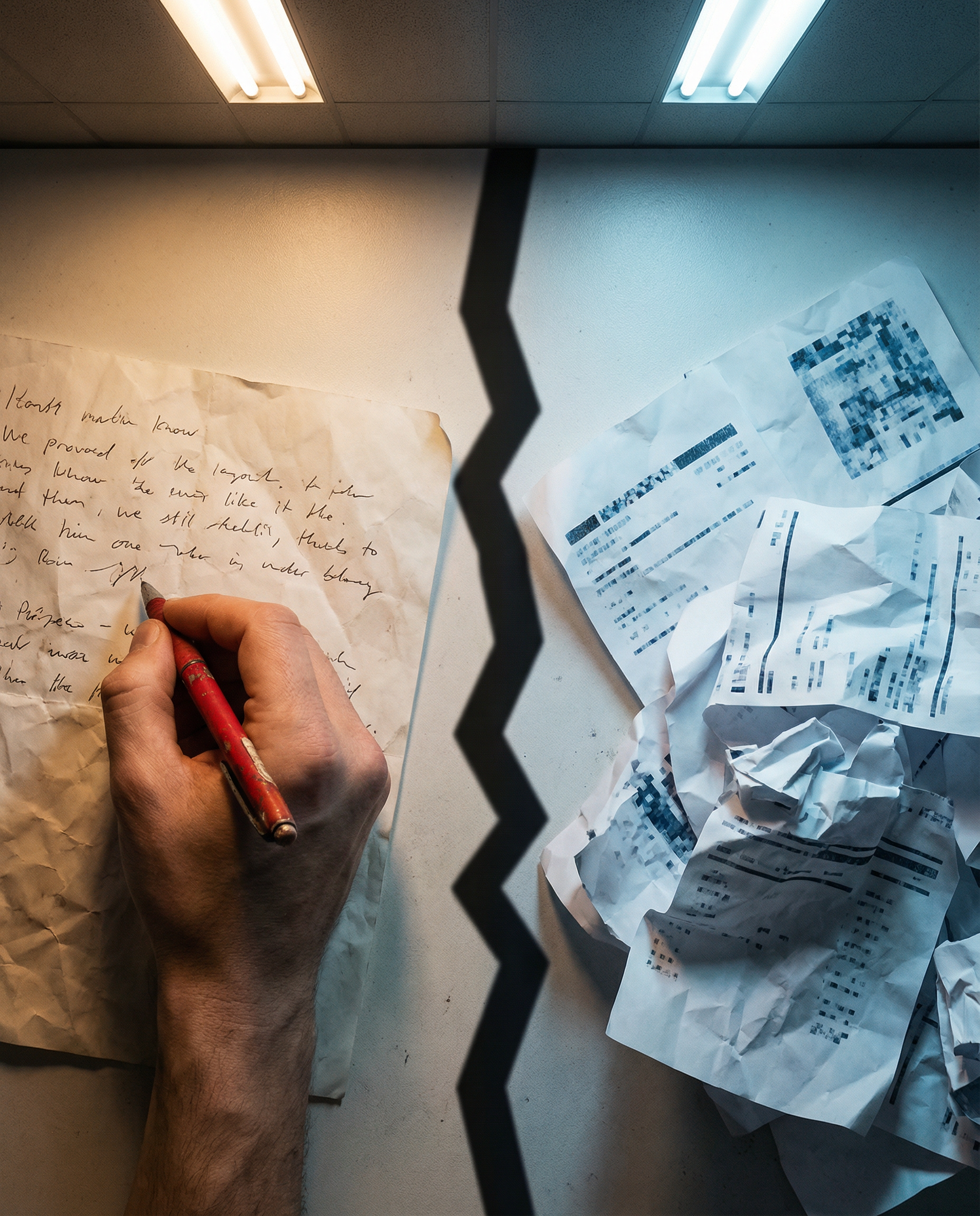 Photorealistic editorial photograph: split dramatic composition showing human hand editing content on paper with red pen on left side, robotic AI-generated generic text printouts stacked messily on ri