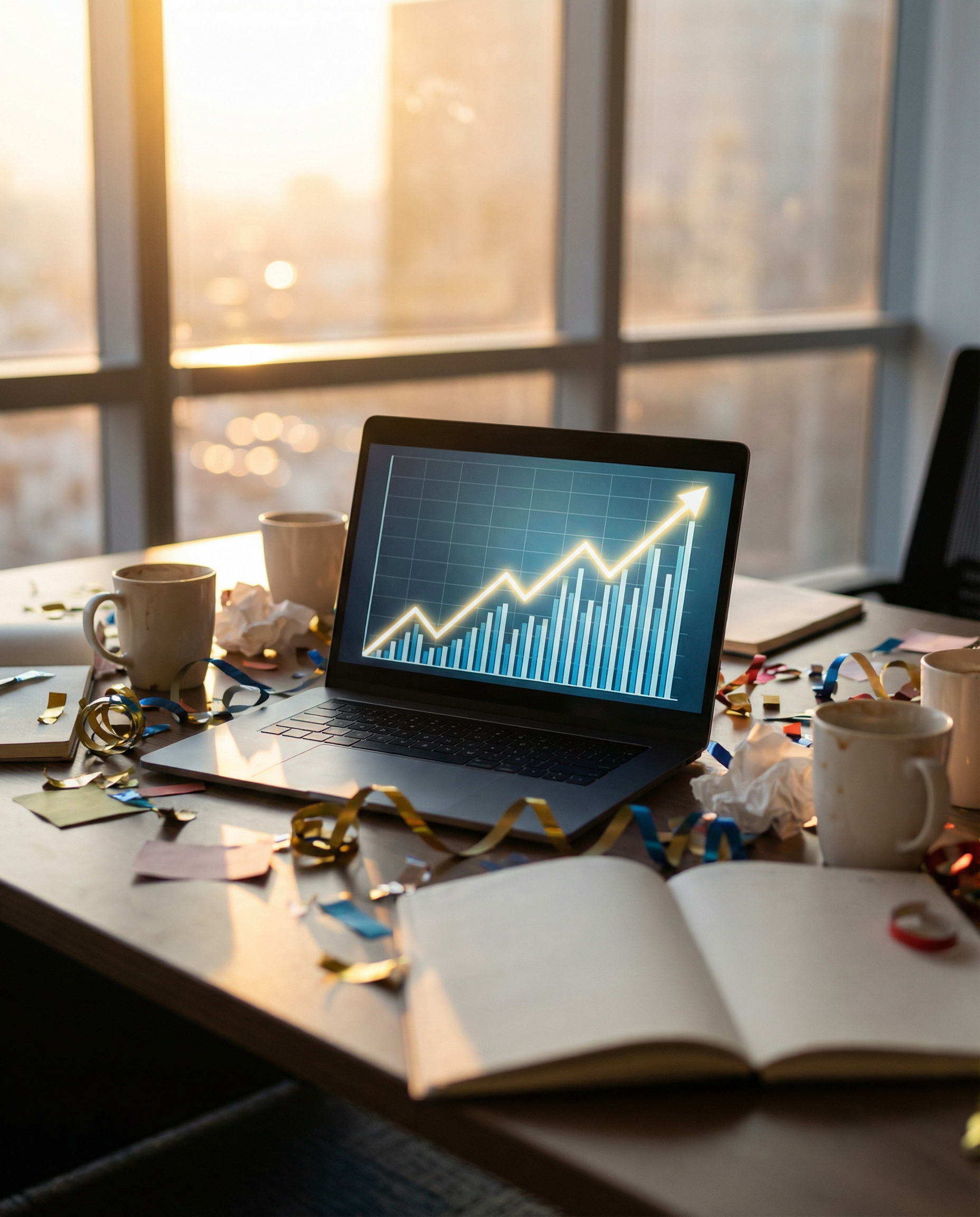 Photorealistic editorial photograph: celebration aftermath scene showing laptop displaying upward trending analytics graph with confetti scattered across modern desk, low angle shot looking up at scre