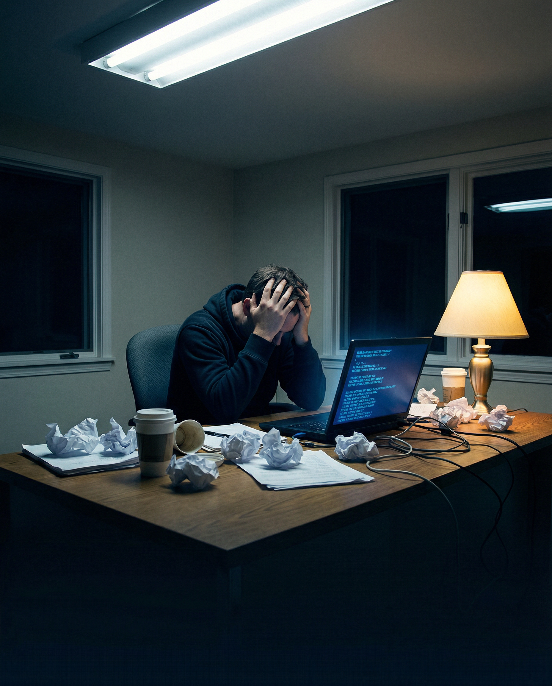 Photorealistic editorial photograph: tense moment capturing frustrated content creator with head in hands surrounded by scattered crumpled papers and open laptop showing generic AI-generated text, har
