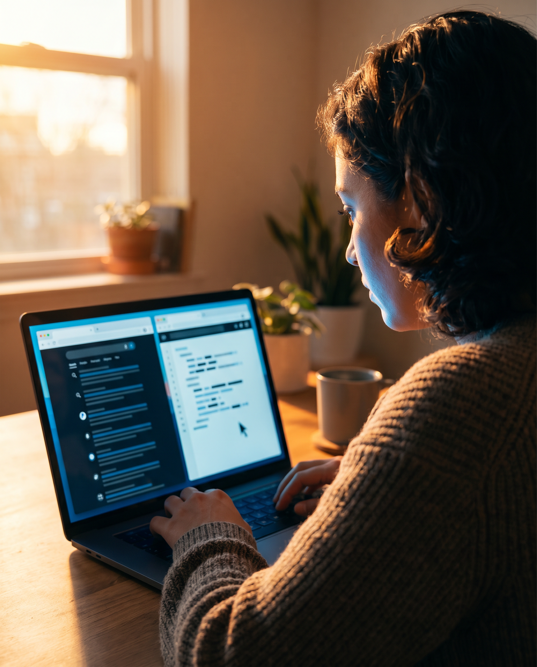 Photorealistic editorial photograph: over-the-shoulder view of content creator at laptop comparing two browser windows side by side, one showing Google search results page with rankings, other display