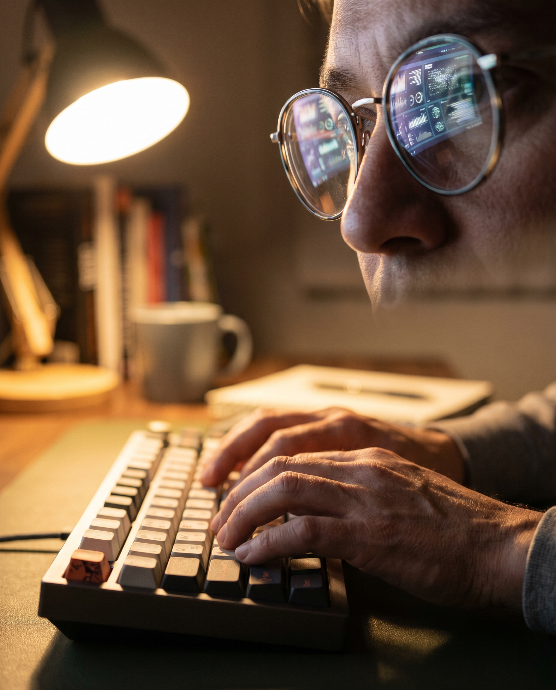 Photorealistic editorial photograph: close-up of hands typing on mechanical keyboard with laptop screen reflected in designer eyeglasses showing training examples and brand voice guidelines being fed