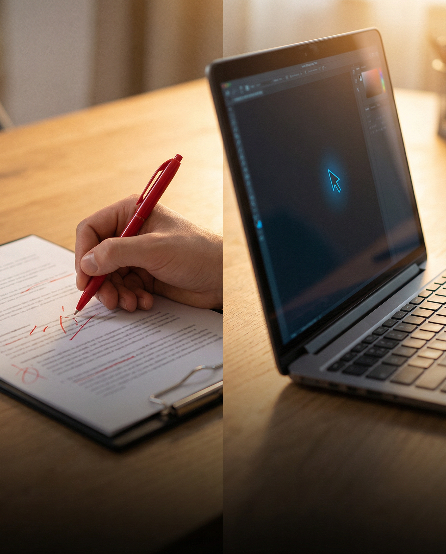 Photorealistic editorial photograph: split-screen workspace showing human hand holding red pen making edits on printed article beside laptop displaying AI writing interface with glowing blue cursor, w