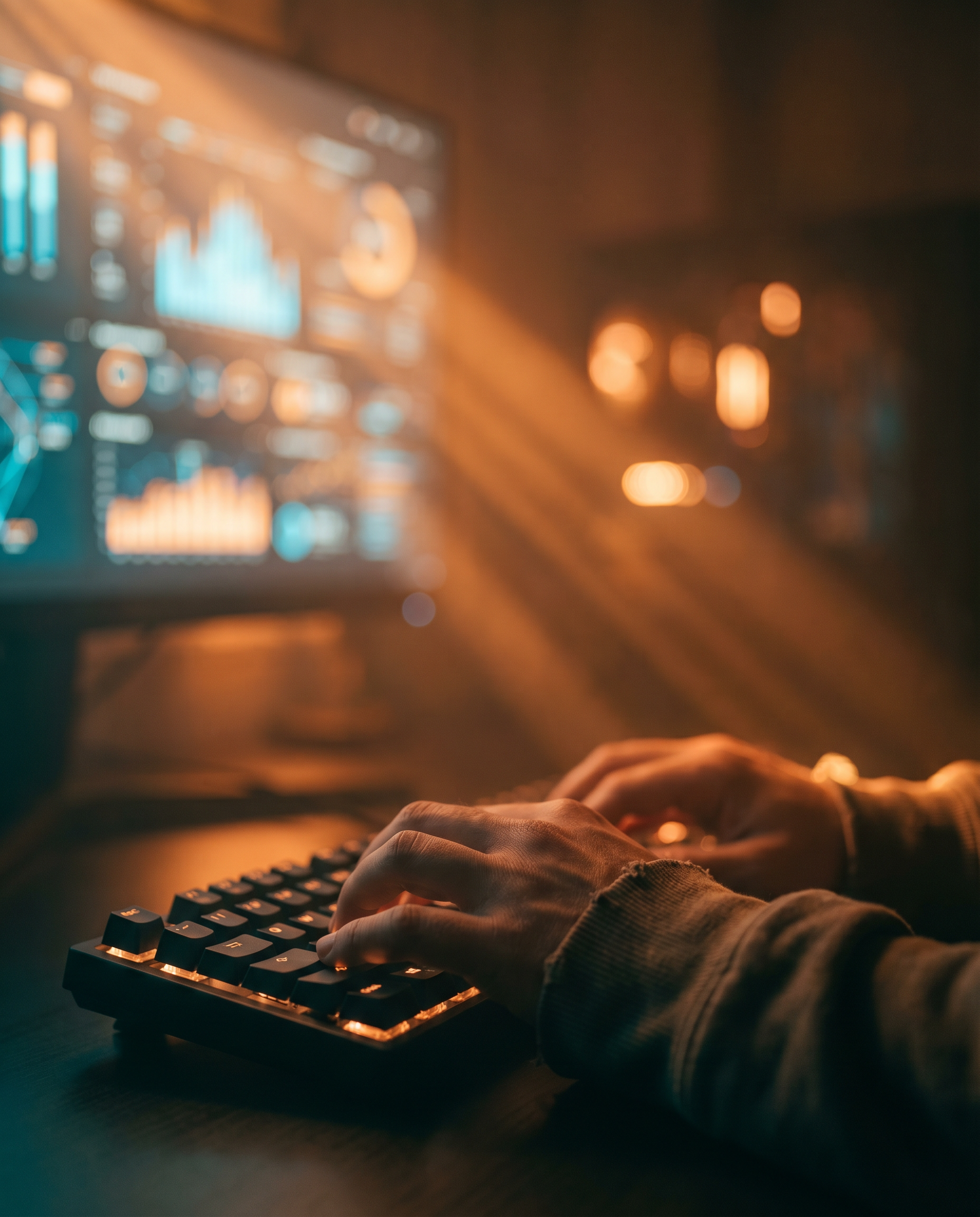 Photorealistic editorial photograph: human fingers typing on backlit keyboard in foreground while background monitor displays training data and brand voice examples being fed into AI system, warm volu