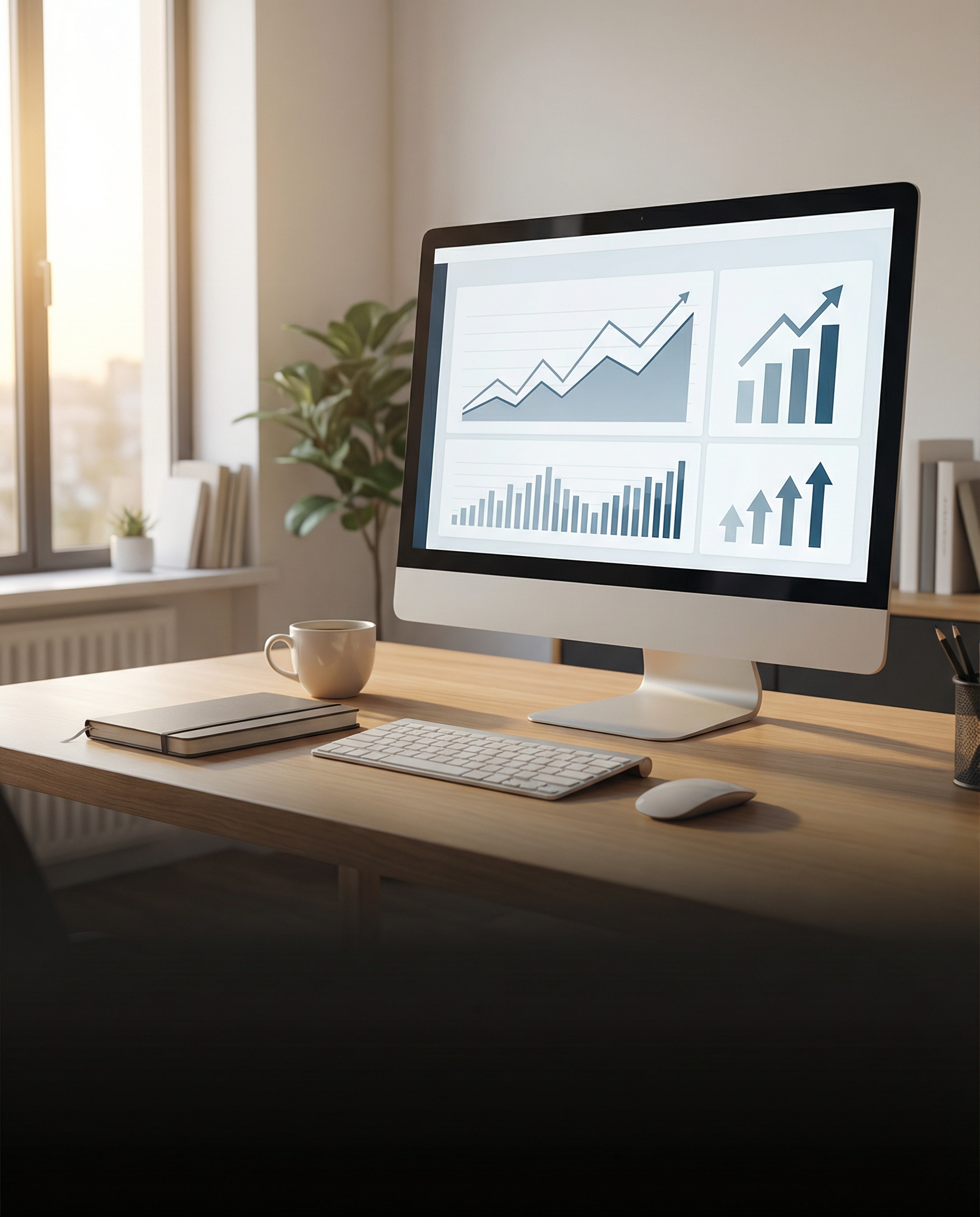 Photorealistic editorial photograph: celebratory aftermath scene showing analytics dashboard on large monitor displaying upward-trending traffic graphs and ranking improvements, soft natural window li