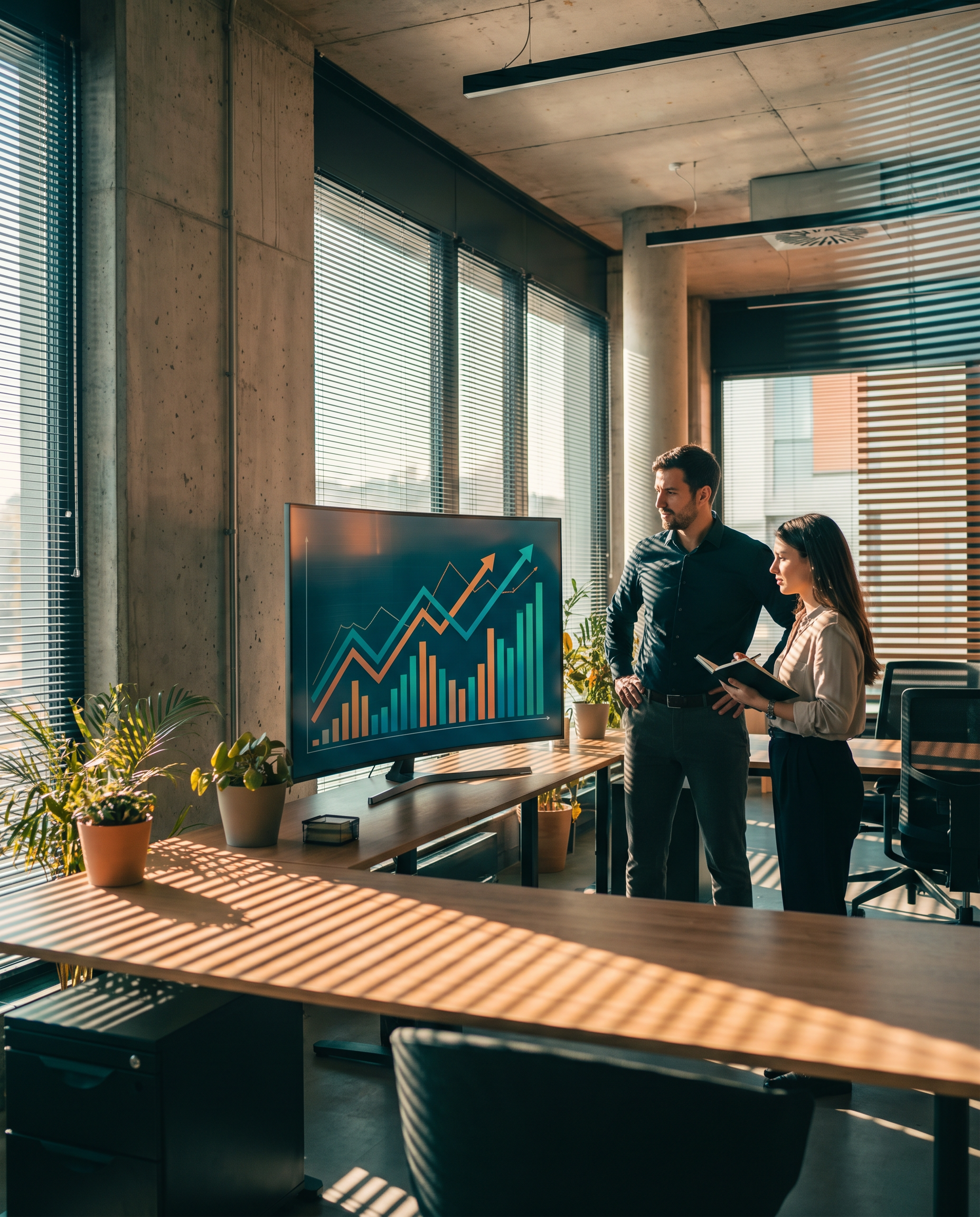 Photorealistic editorial wide shot: modern workspace with two people collaborating over large monitor displaying content analytics dashboard with upward trending graphs, one person pointing at screen