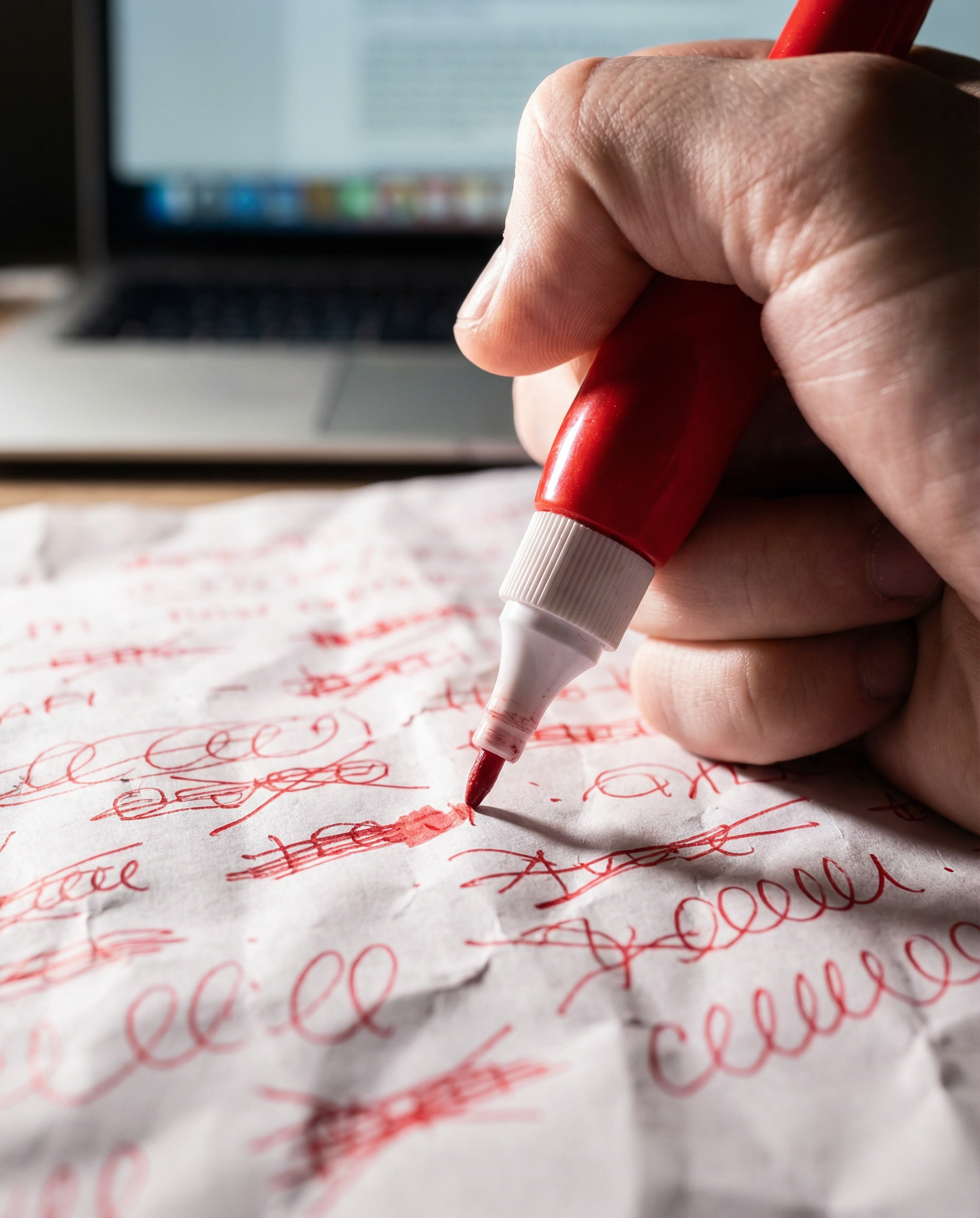 Photorealistic editorial close-up: human hand holding red correction pen poised above printed AI-generated article covered in editing marks and crossed-out paragraphs, harsh overhead light creates str