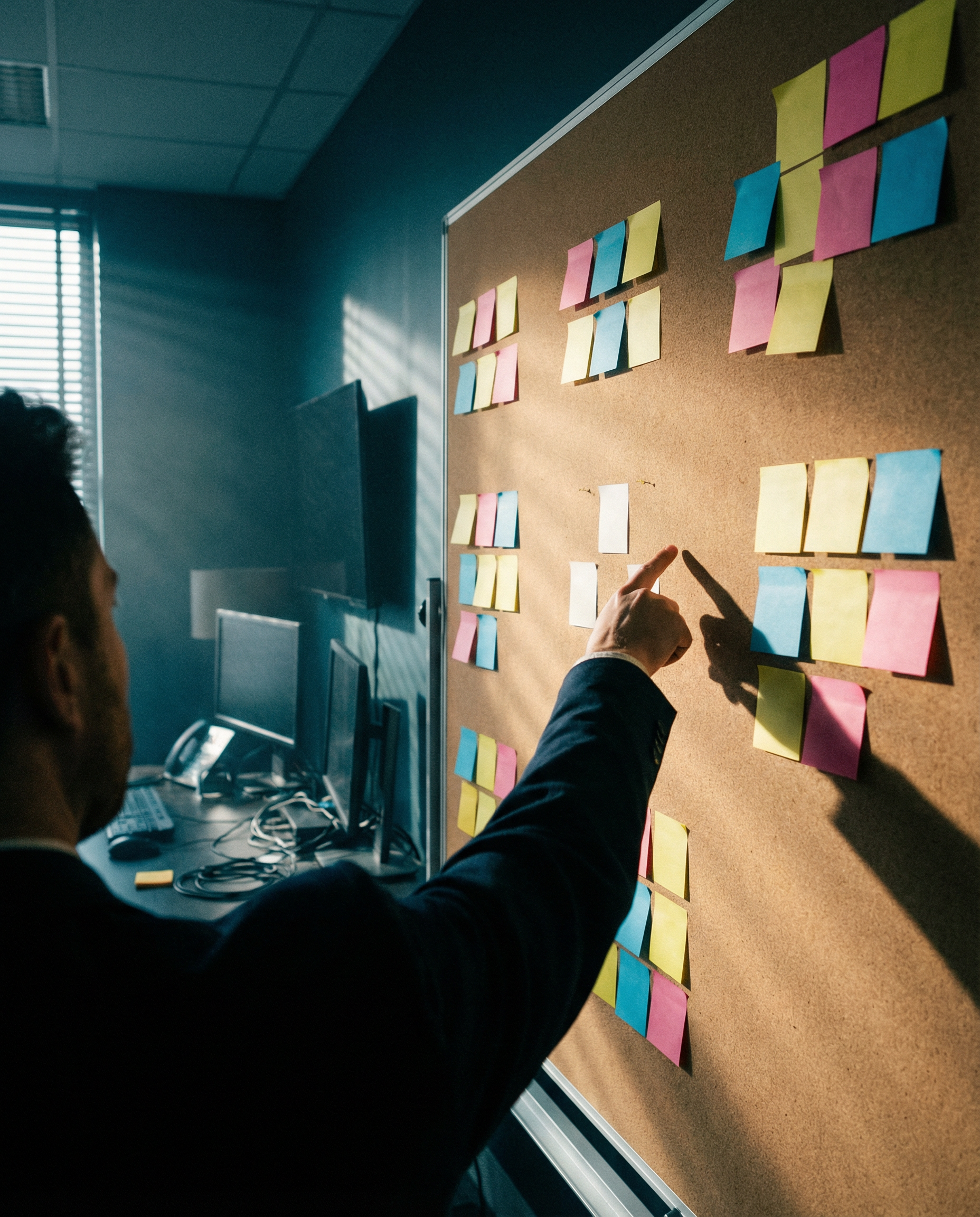 Photorealistic editorial photograph: intense over-the-shoulder perspective of content strategist analyzing large wall-mounted data visualization board filled with colorful post-it notes showing conten