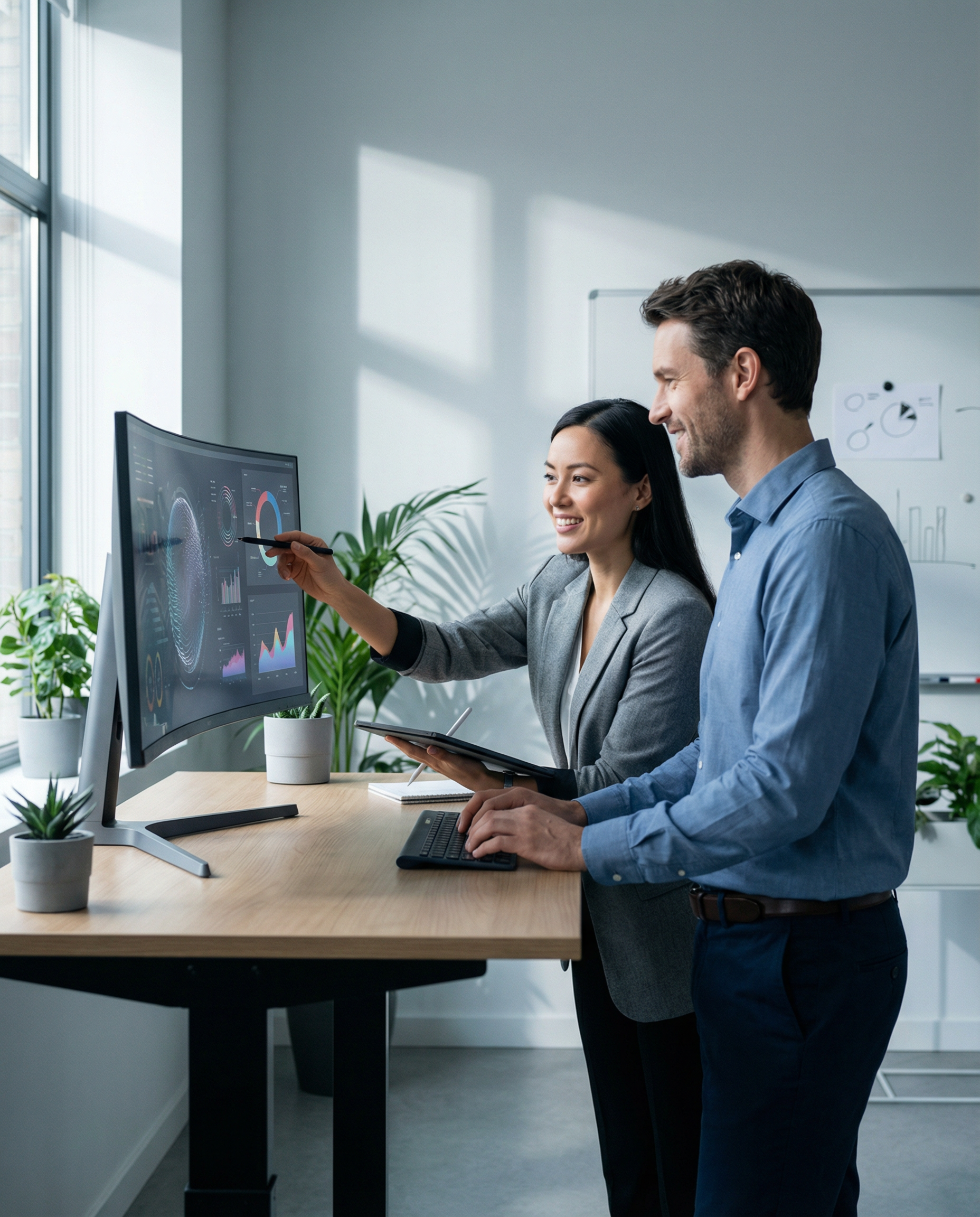 Photorealistic editorial photograph: two marketing professionals collaborating at standing desk, one human pointing at large monitor showing AI-generated draft while making editorial notes, second per