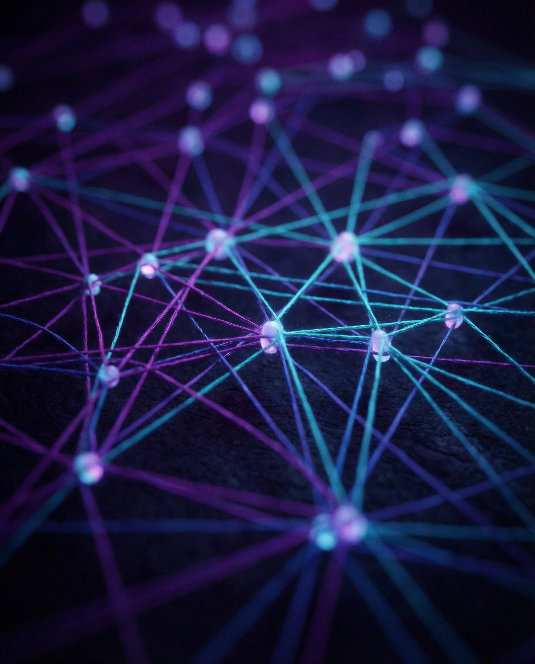 Photorealistic editorial photograph: semantic analysis concept shown through macro shot of interconnected threads or strings creating complex web pattern on dark surface, illuminated nodes where threa