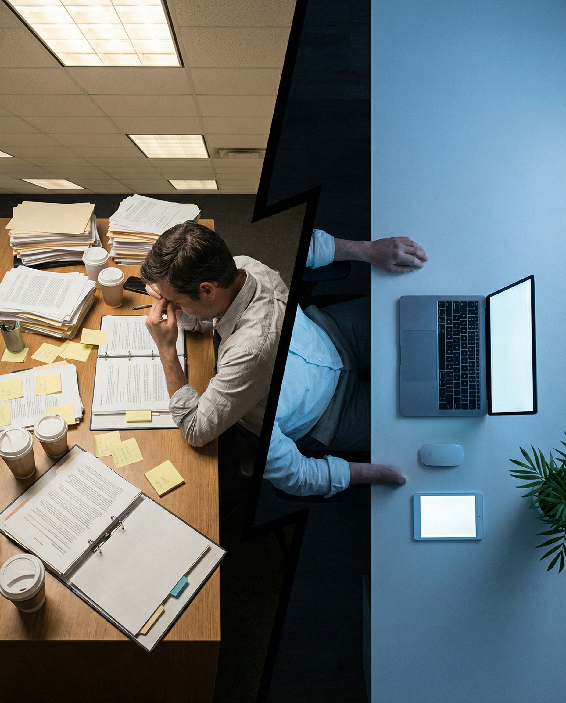 Photorealistic editorial photograph: split-screen workspace showing stark time contrast, left side cluttered desk with stressed marketer surrounded by printed reports and sticky notes under harsh fluo