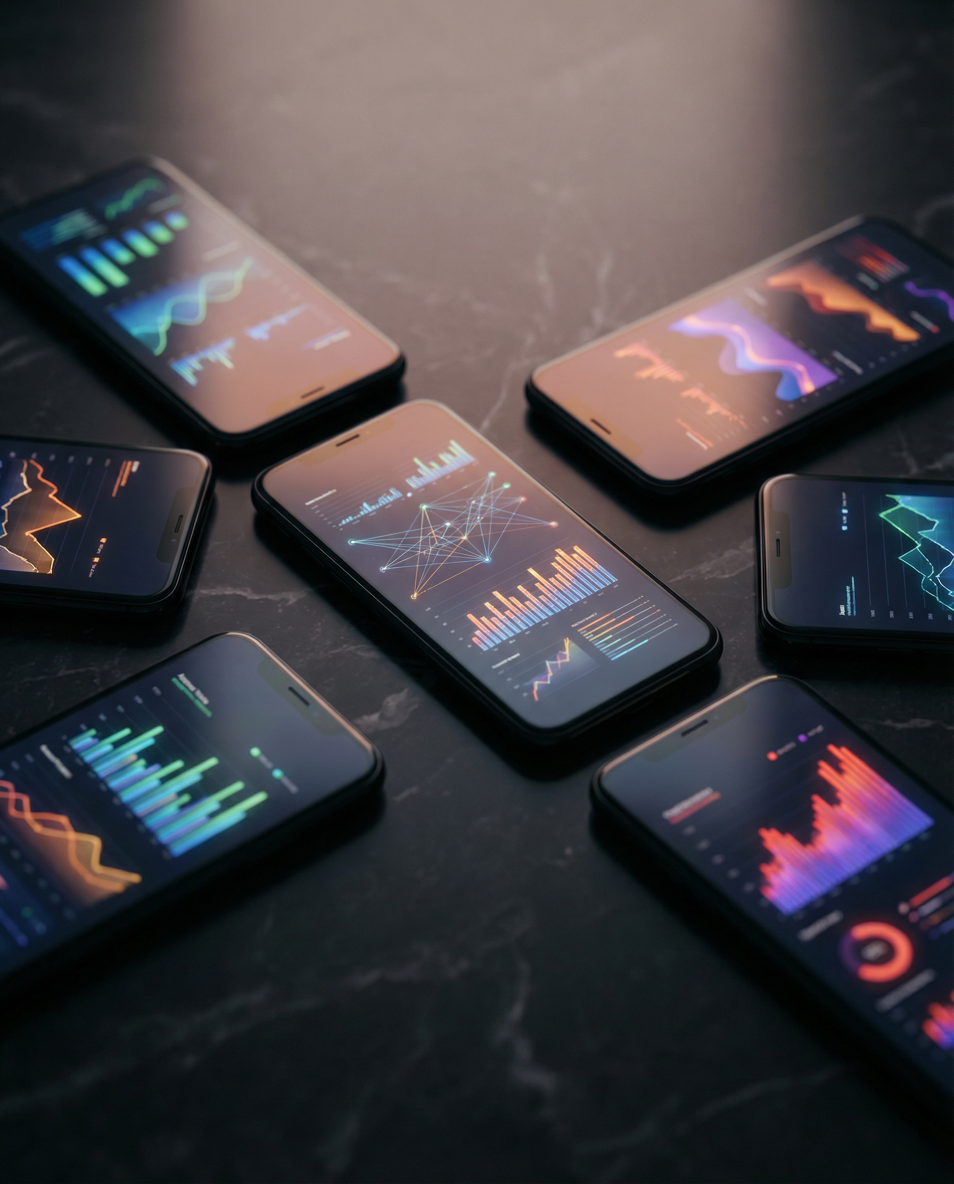 Photorealistic editorial photograph: extreme macro close-up of five different smartphone screens arranged in circular pattern on dark marble surface, each displaying distinct AI tool interface with co