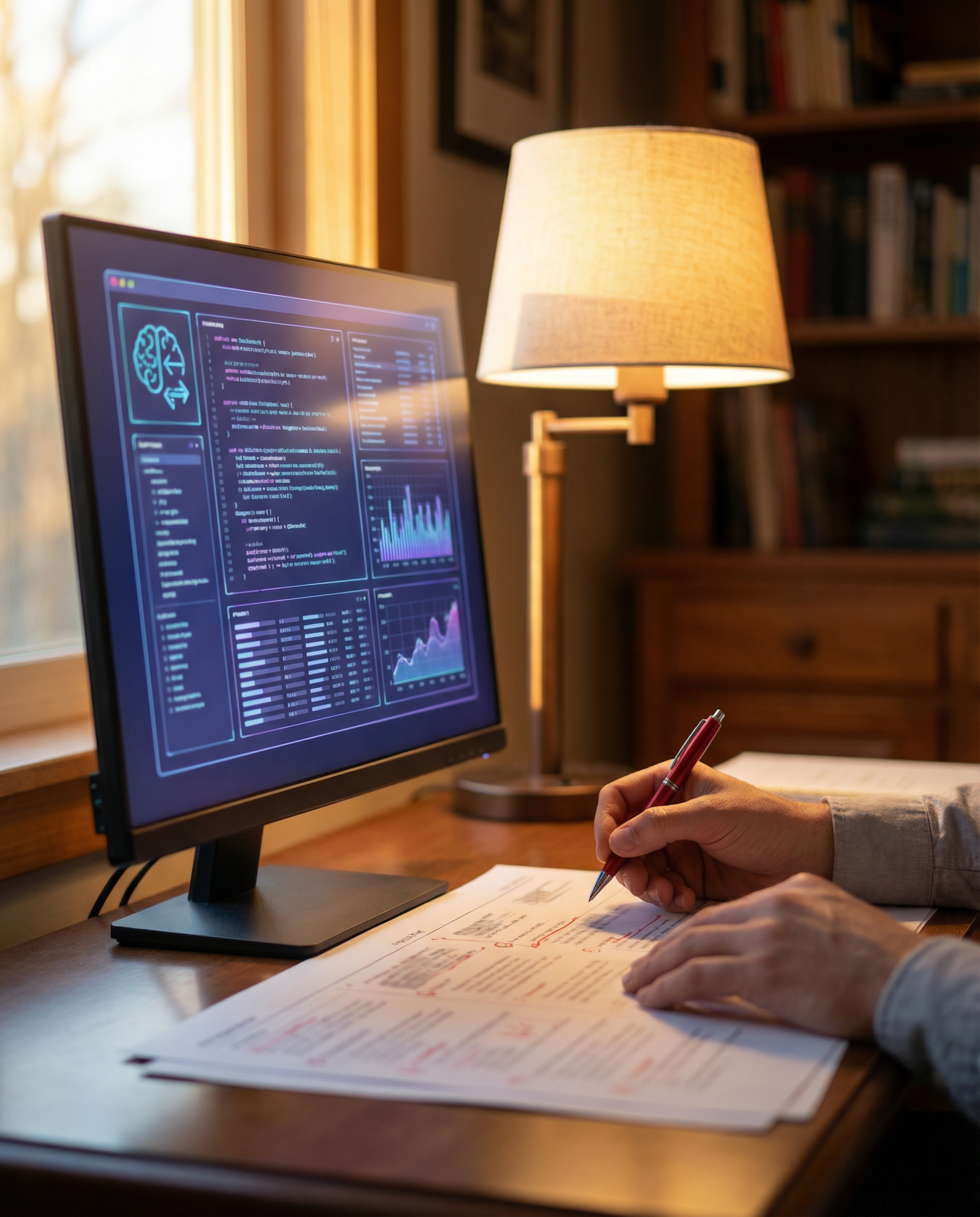 Photorealistic editorial photograph: collaborative workspace showing human editor and AI interface working in tandem, close-up of hands making red pen edits on printed draft while second monitor displ