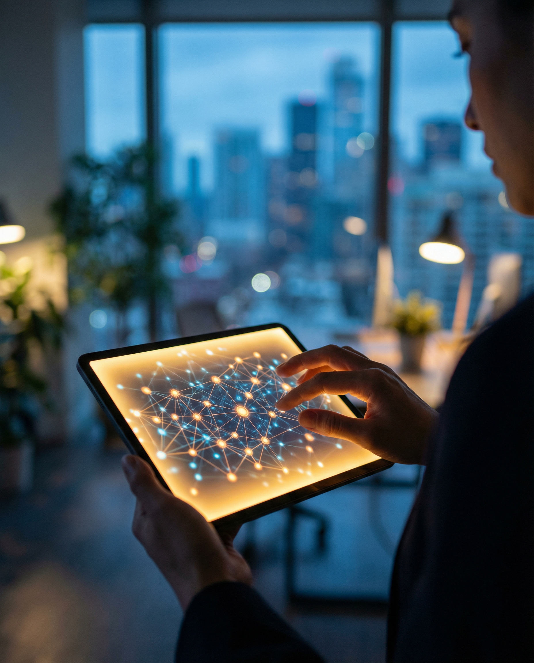 Photorealistic editorial photograph: content strategist's hands hovering over illuminated tablet displaying network visualization of content gaps as glowing nodes and connections, shot in dimly lit mo