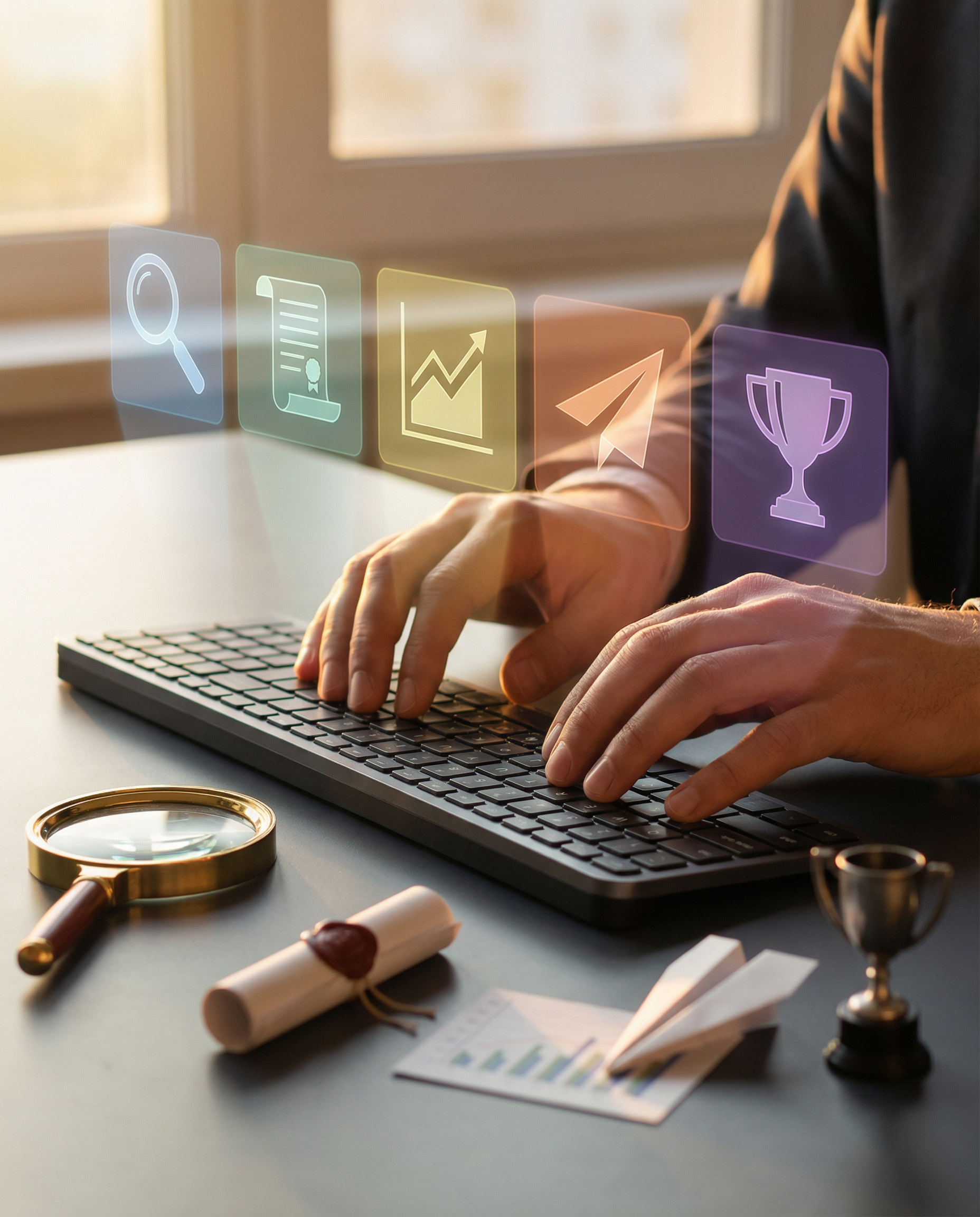 Photorealistic editorial close-up: hands hovering over modern keyboard with holographic-style interface projections floating above the desk surface, five distinct color-coded tool categories represent