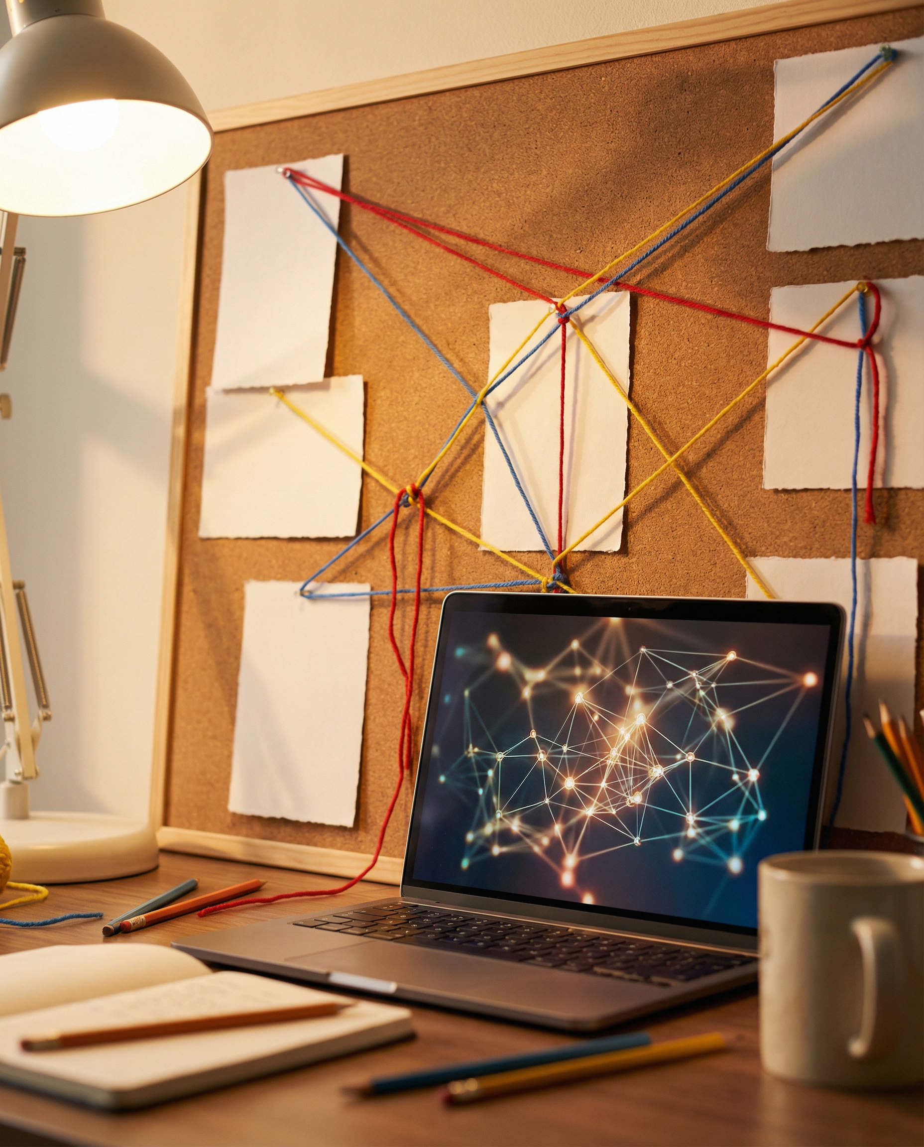 Photorealistic editorial photograph: close-up of designer's workspace showing physical mind map made of colorful yarn connecting printed audience persona cards on cork board, laptop beside displaying