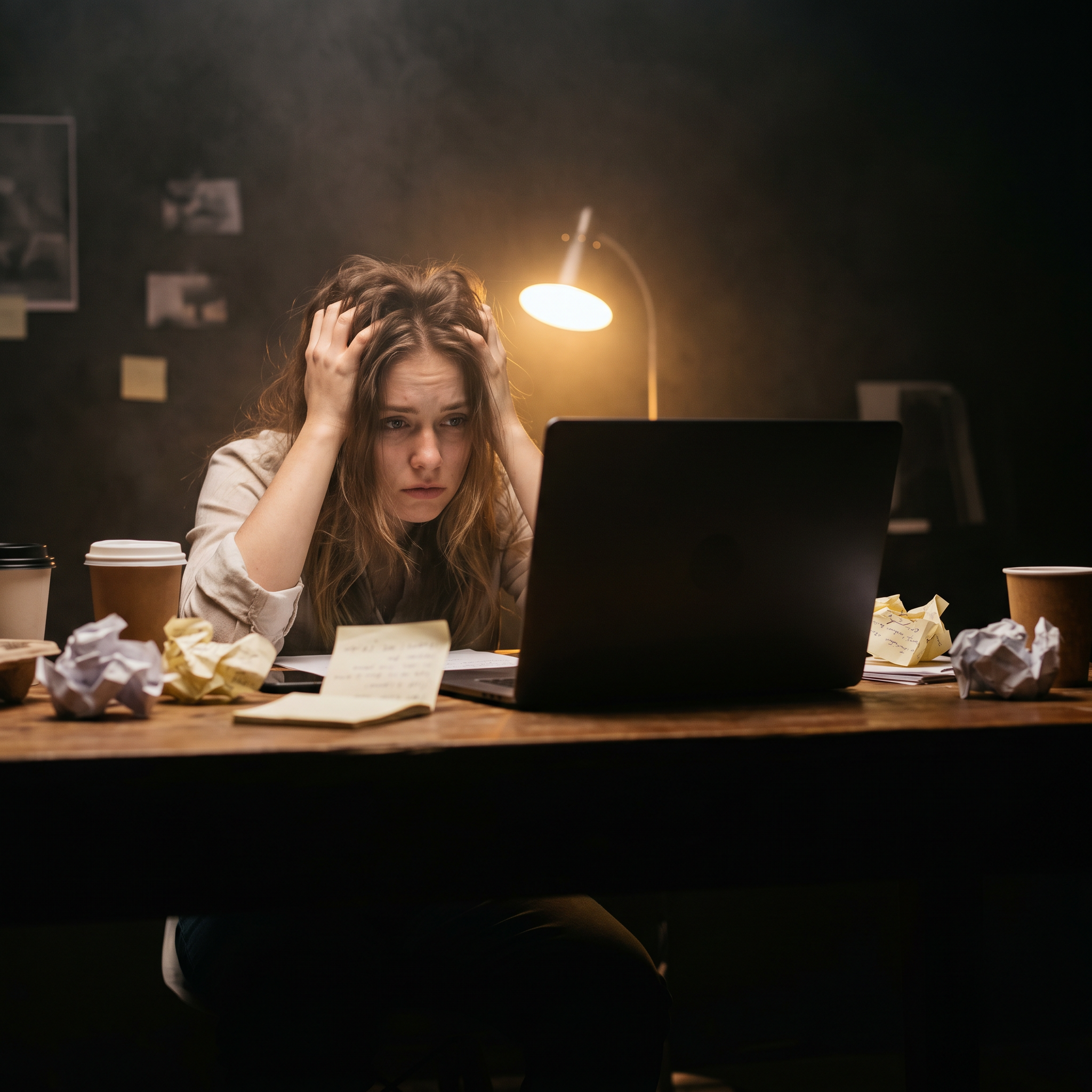 Photorealistic editorial magazine cover photograph: a frustrated young woman content creator sitting centered at a cluttered wooden desk, staring at a blank laptop screen, single warm tungsten desk la