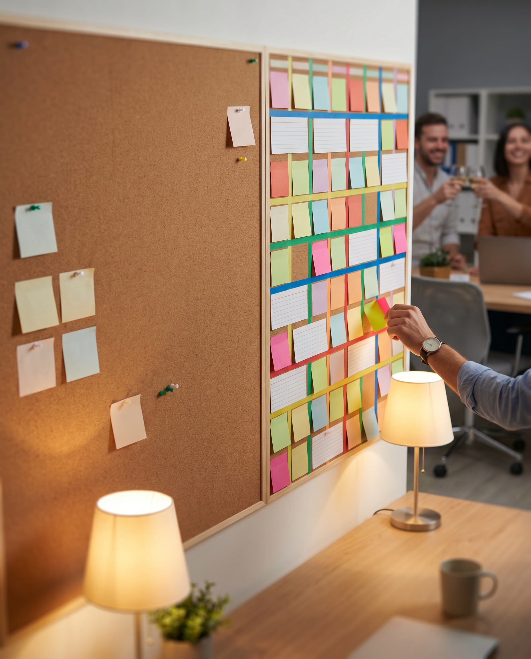 Photorealistic editorial photograph: dramatic before-after composition showing agency office wall covered in monthly content calendar, left section sparse with few sticky notes, right section densely