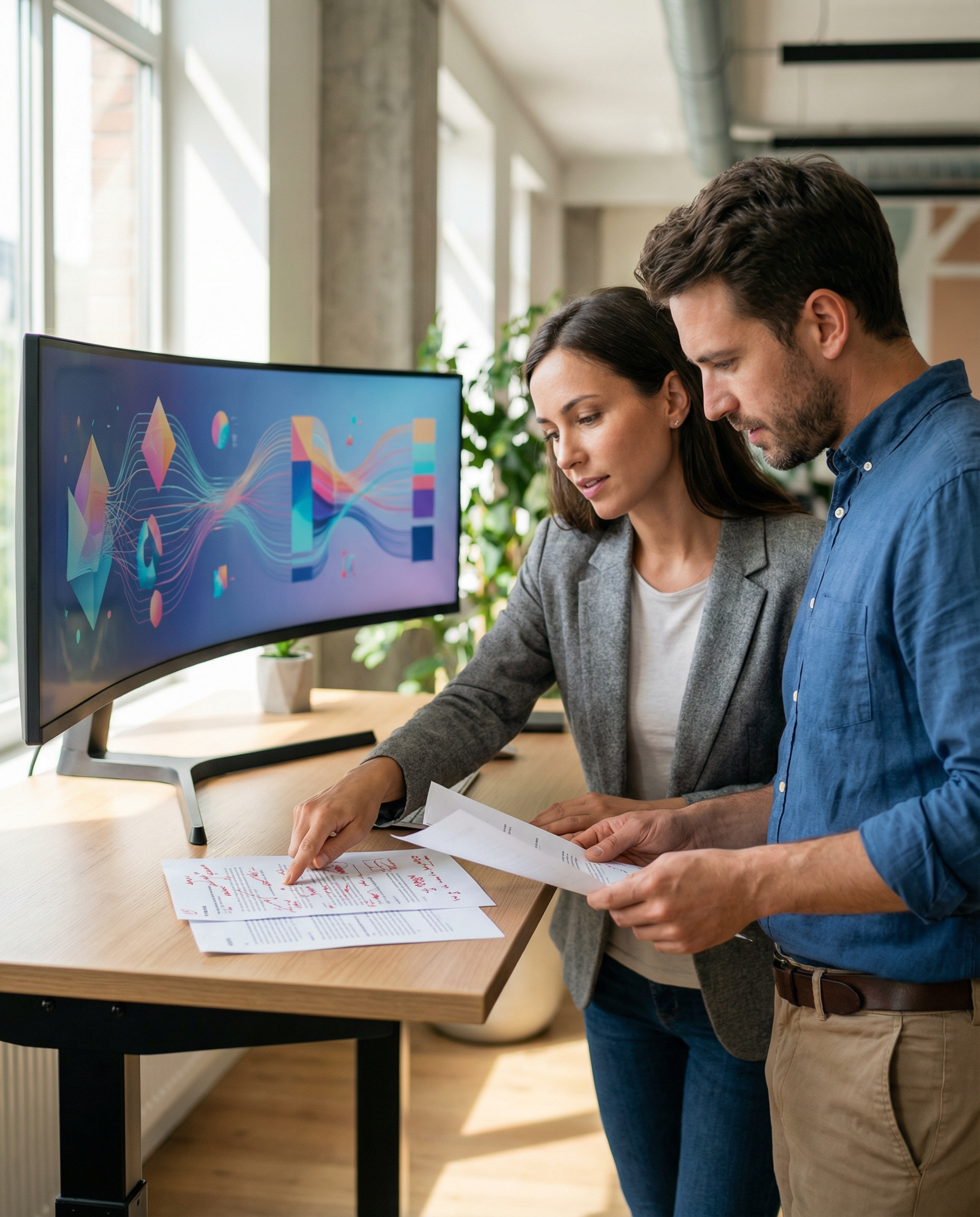 Photorealistic editorial photograph: two professionals at standing desk reviewing printed article draft with red pen edits, one person pointing at specific paragraph while AI-generated content display