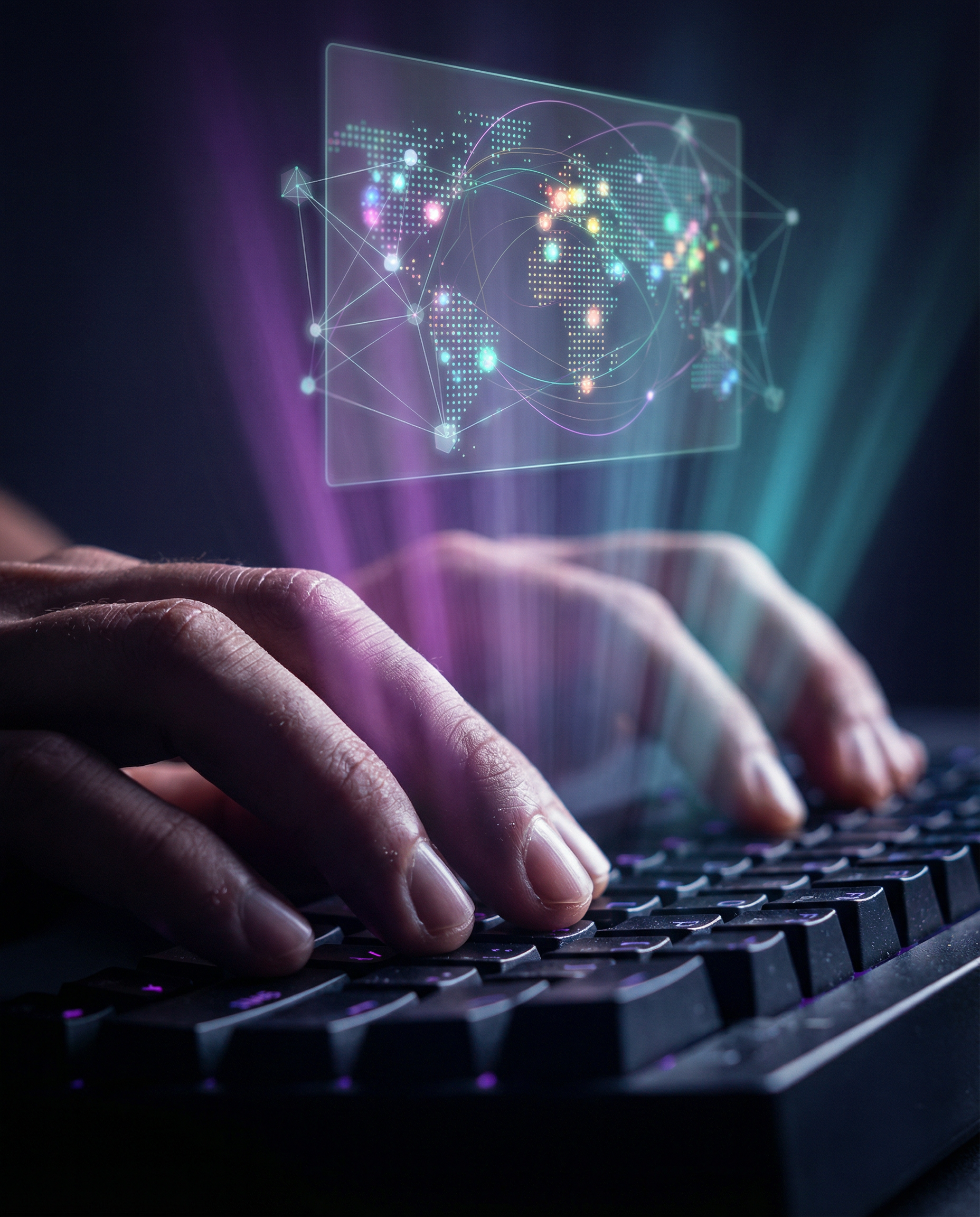 Photorealistic editorial close-up: human hands hovering over backlit keyboard with holographic data visualization floating above showing semantic keyword clusters and content gap analysis, purple and