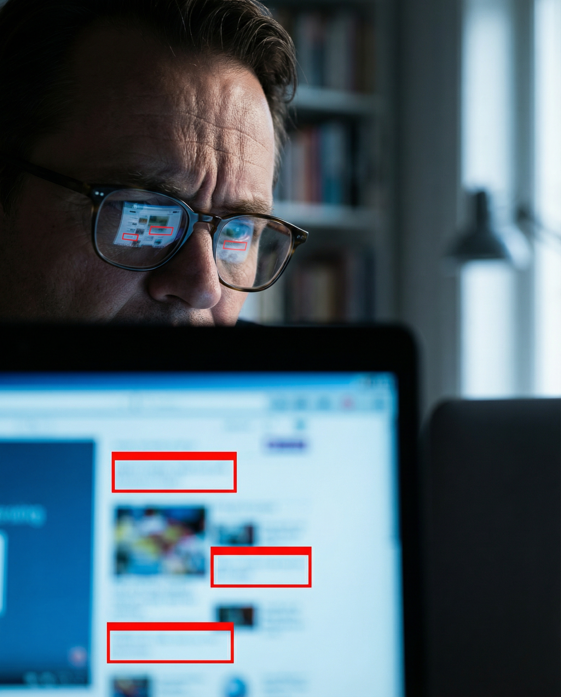Photorealistic editorial photograph: close-up of laptop screen reflecting in reading glasses worn by concerned professional, screen displays article with obvious factual errors highlighted in red warn