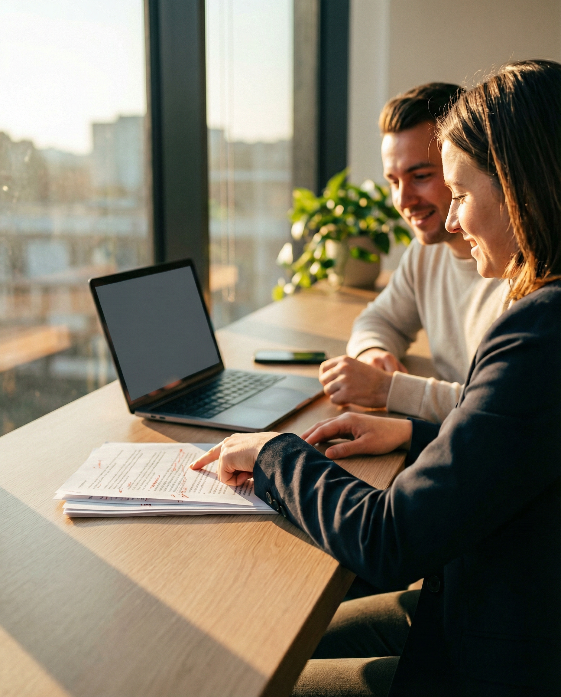 Photorealistic editorial photograph: two professionals at modern desk reviewing printed article pages with red pen corrections, one person pointing at specific paragraph while AI writing assistant int