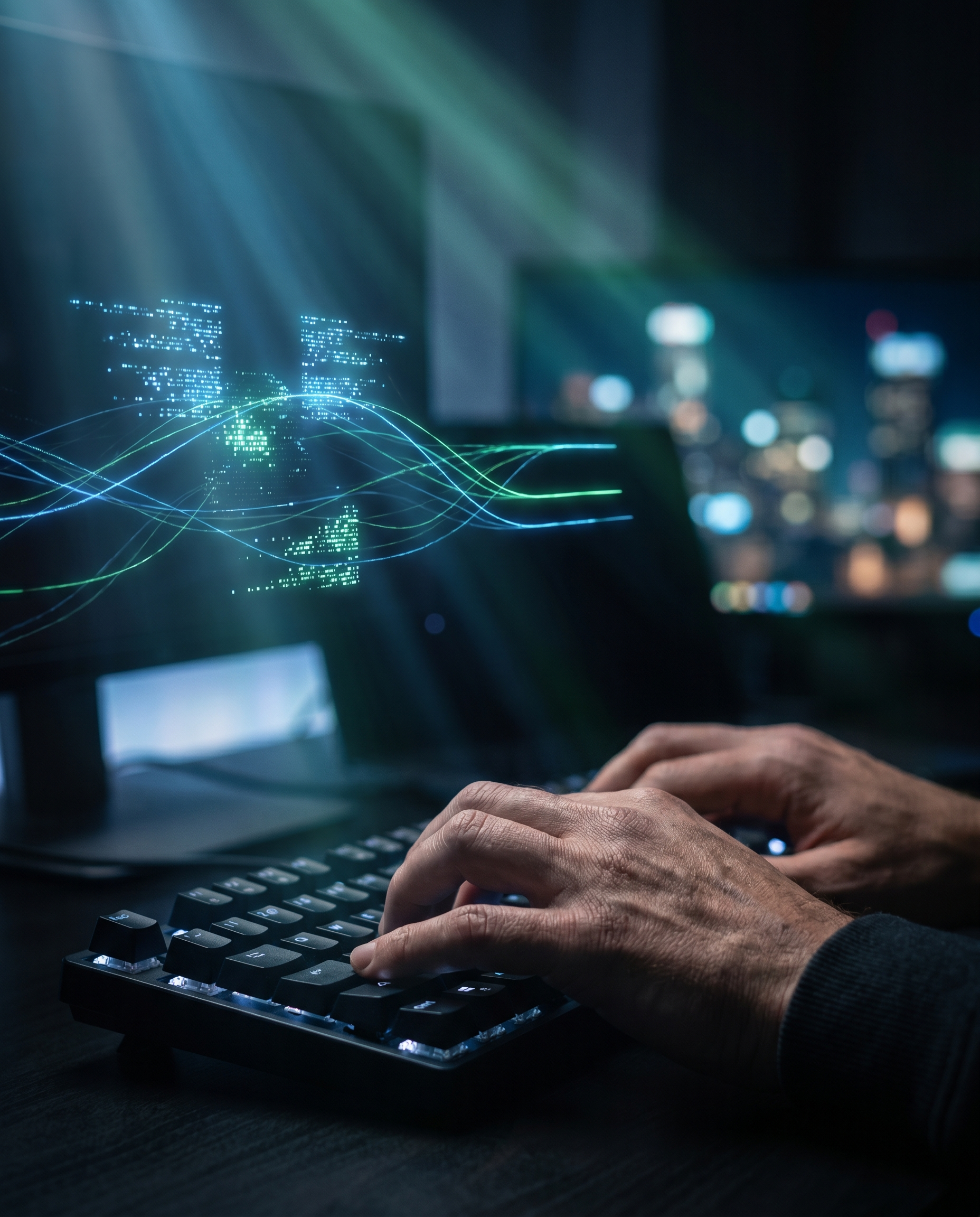 Photorealistic editorial close-up: human hands typing on backlit keyboard in foreground sharp focus, mid-ground shows holographic-style data visualization floating above screen displaying semantic key
