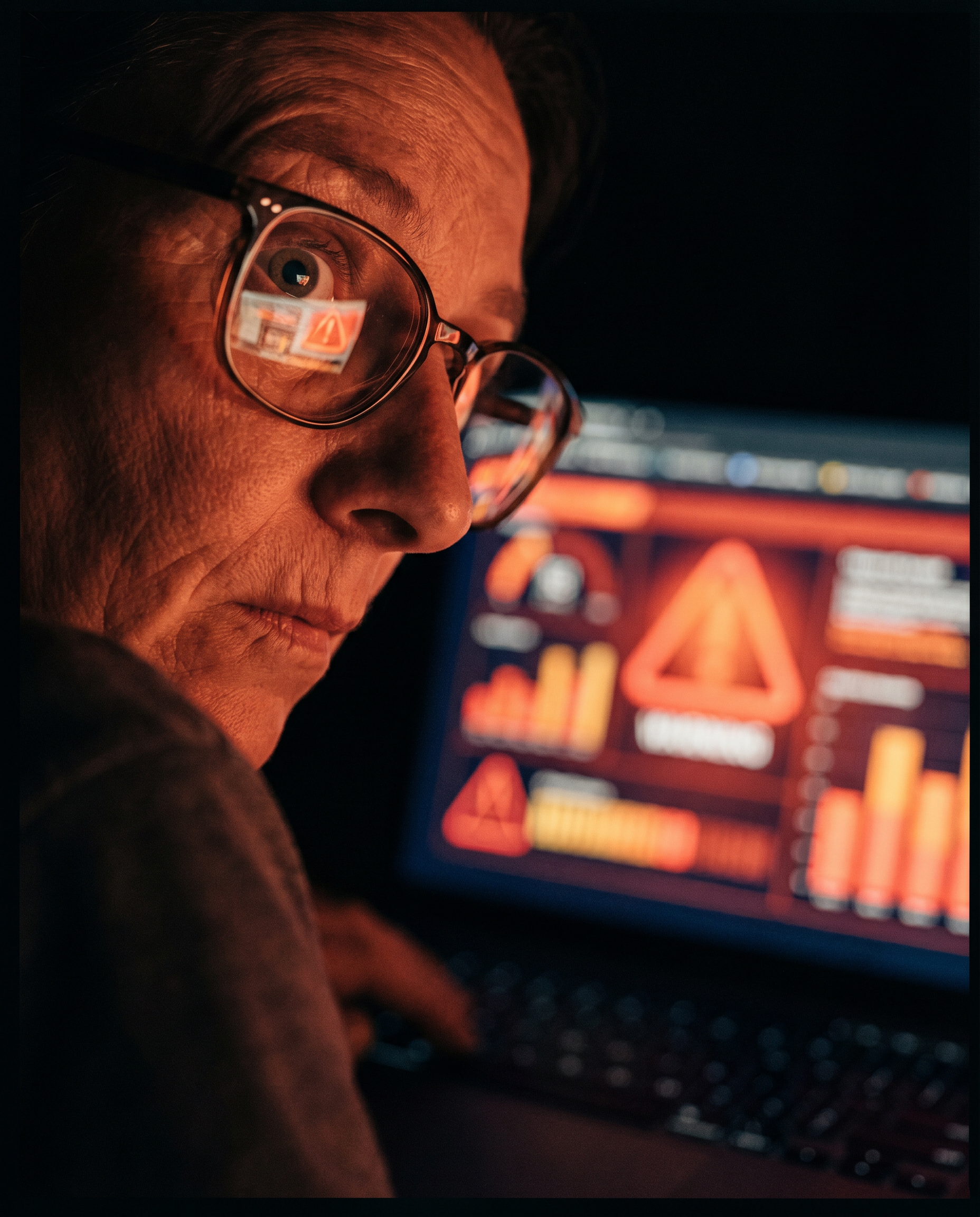 Photorealistic editorial close-up: laptop screen reflecting in worried professional's glasses showing Google search results page with content penalty warning icons, dramatic red and orange warning col