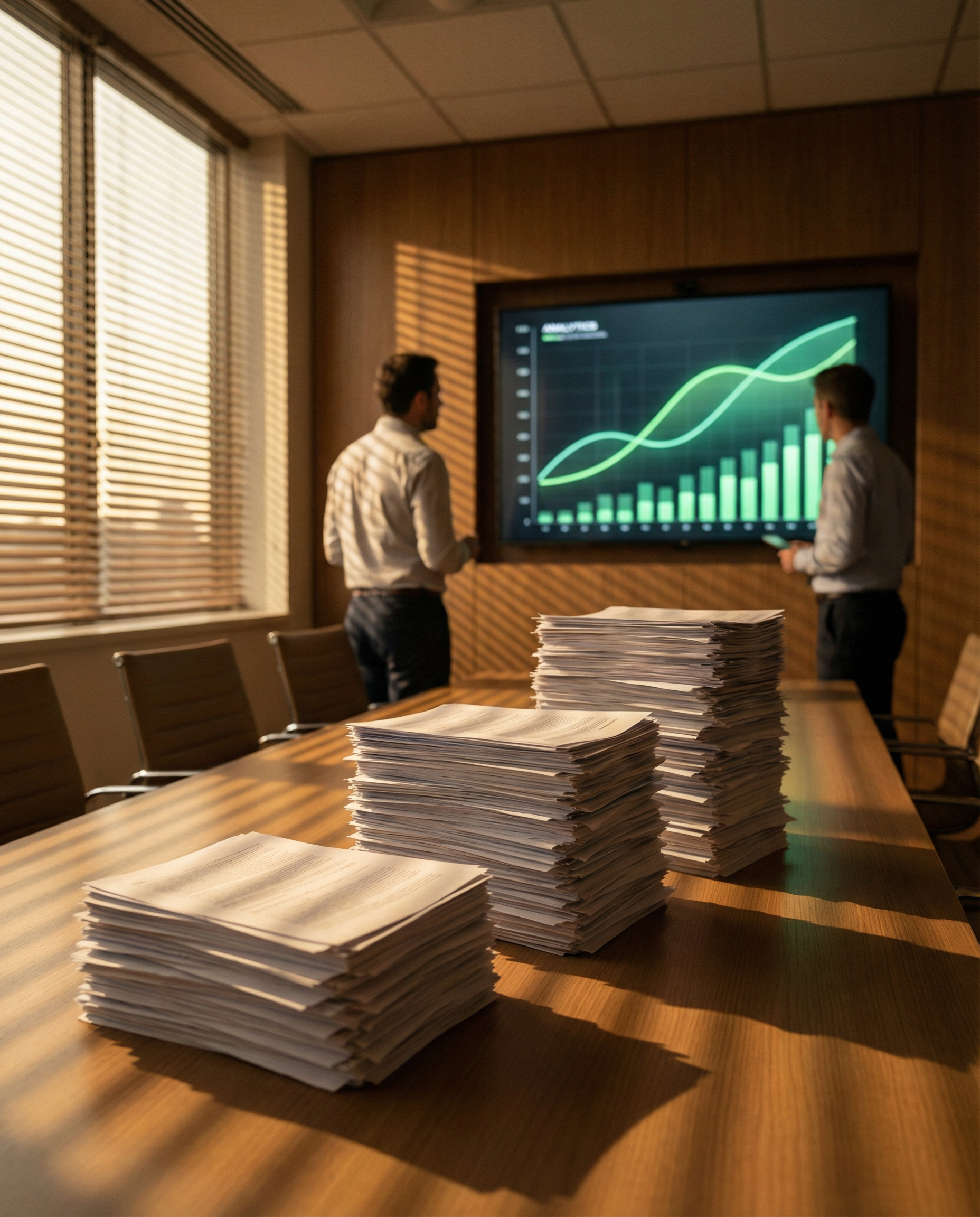 Photorealistic editorial photograph: conference room table covered with three dramatic stacks of printed articles showing exponential growth from left to right, analytics dashboard on wall screen disp