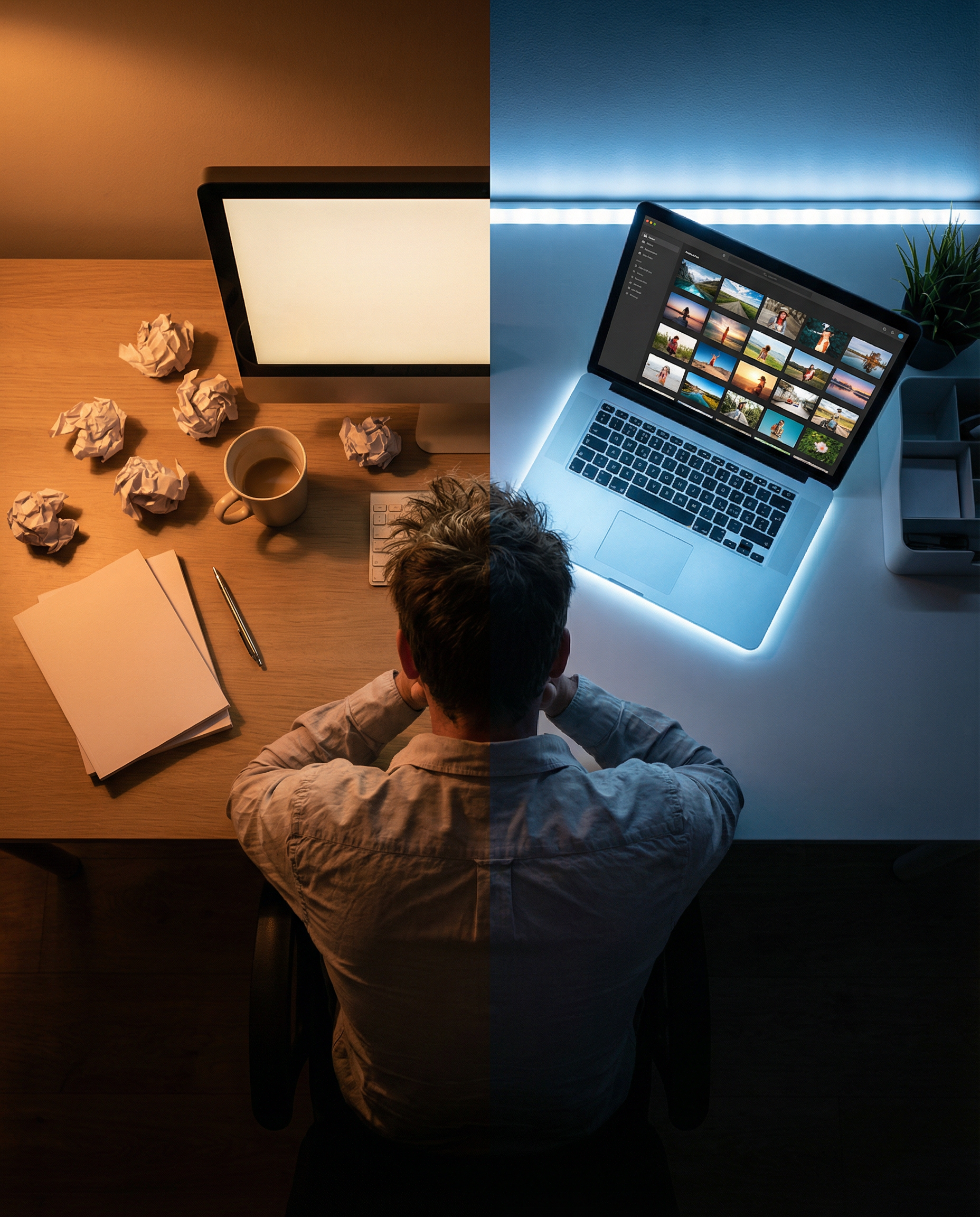 Photorealistic editorial photograph: split-screen workspace showing left side a frustrated writer staring at blank screen with crumpled papers scattered, right side a glowing laptop displaying twenty