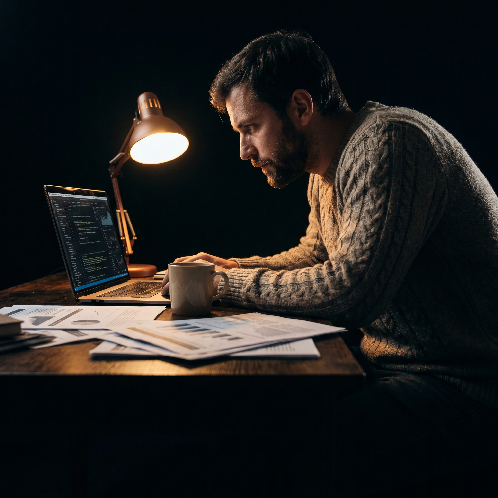 Photorealistic editorial magazine cover photograph: a focused male content strategist at a cluttered wooden desk, staring at a laptop screen showing dense text, hard warm tungsten lamp casting dramati