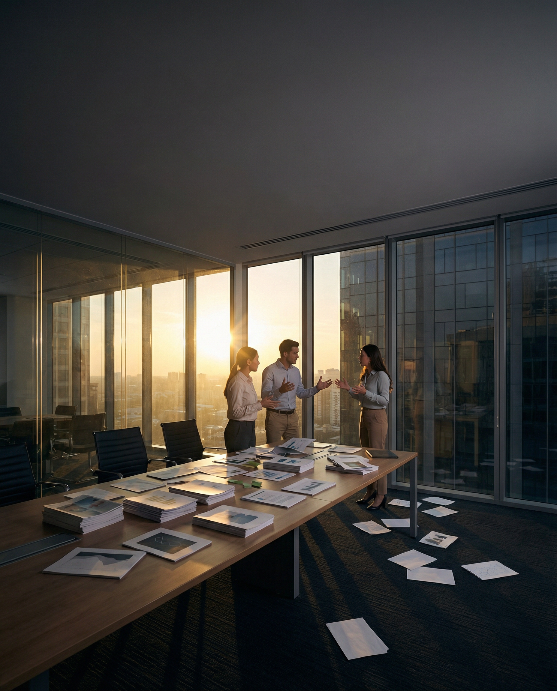 Photorealistic editorial photograph: wide establishing shot of corporate conference room with floor-to-ceiling windows at dusk, long table covered in printed content samples organized in chaotic piles