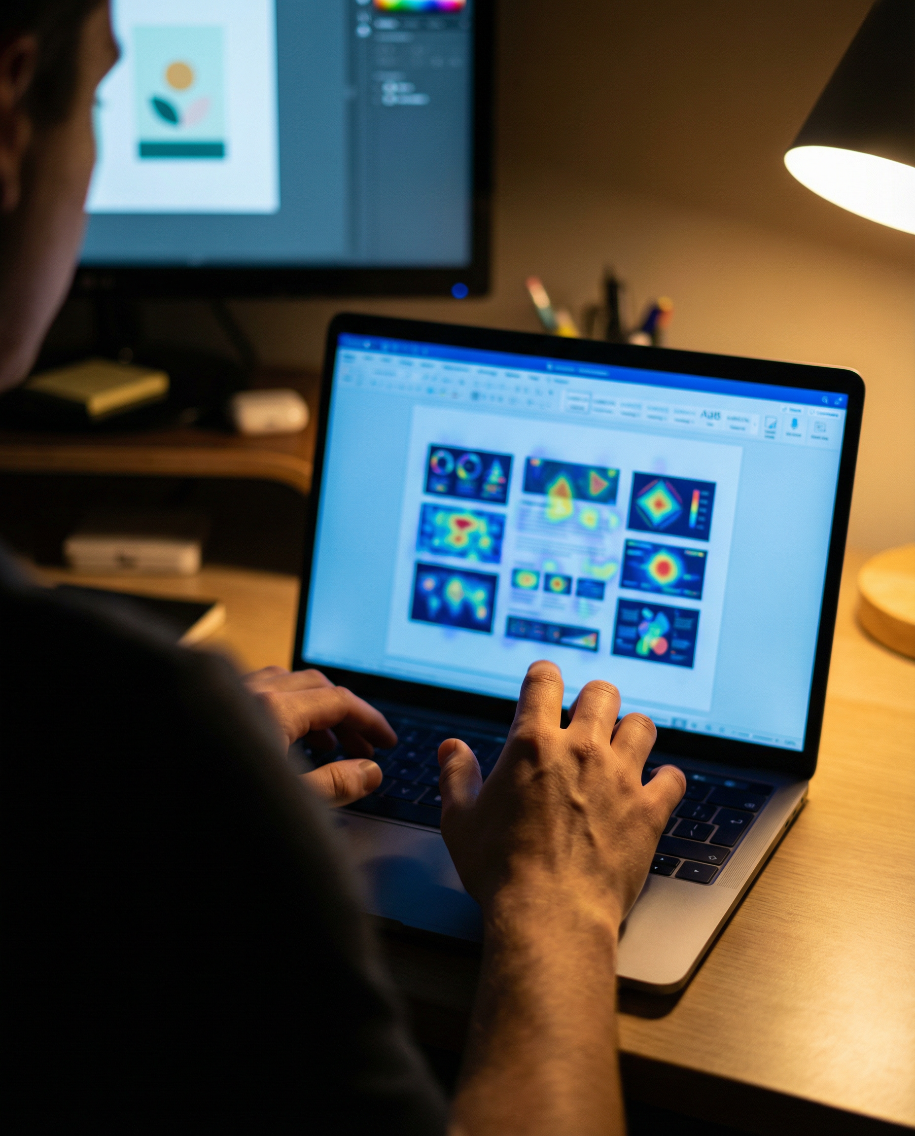 Photorealistic editorial photograph: tight over-the-shoulder shot of laptop screen displaying AI voice analysis dashboard with colored pattern overlays on document text, editor's hands hovering over k