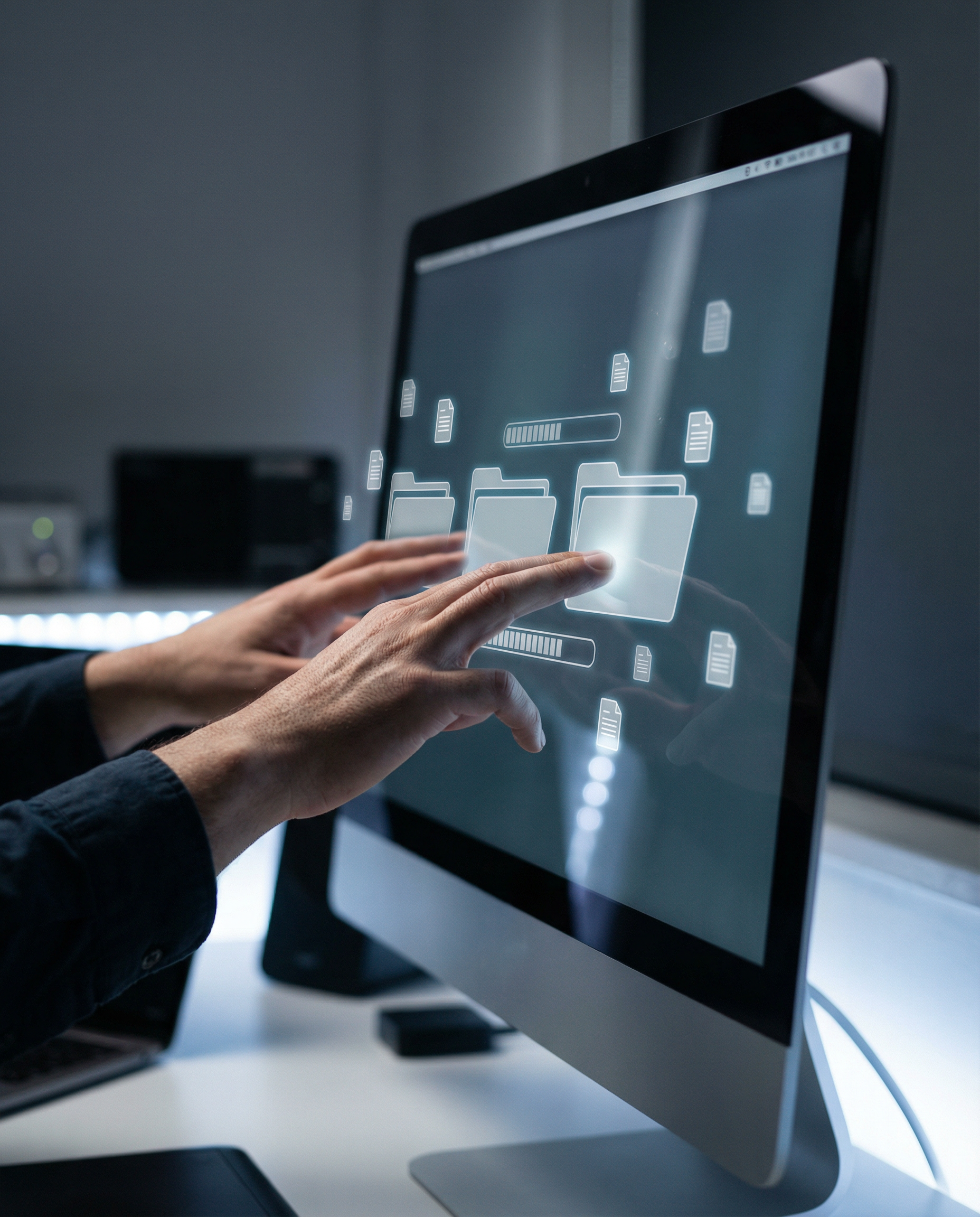 Photorealistic editorial photograph: dramatic low angle close-up of hands uploading multiple document folders into modern web interface on large desktop monitor, progress bars visible mid-transfer, co