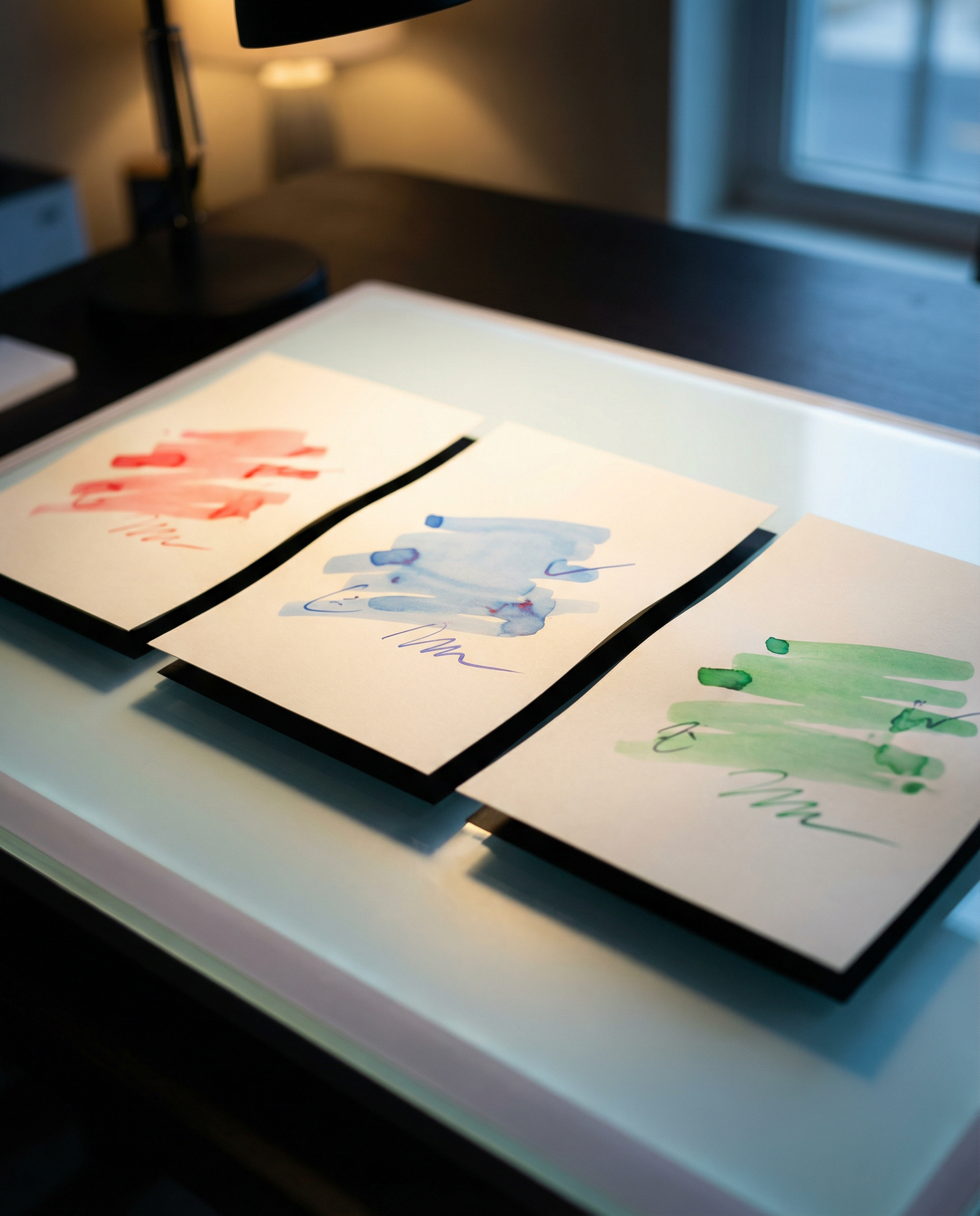 Photorealistic editorial photograph: three identical content documents side-by-side on illuminated review table, each marked with different colored annotation highlights in red, blue, and green, drama
