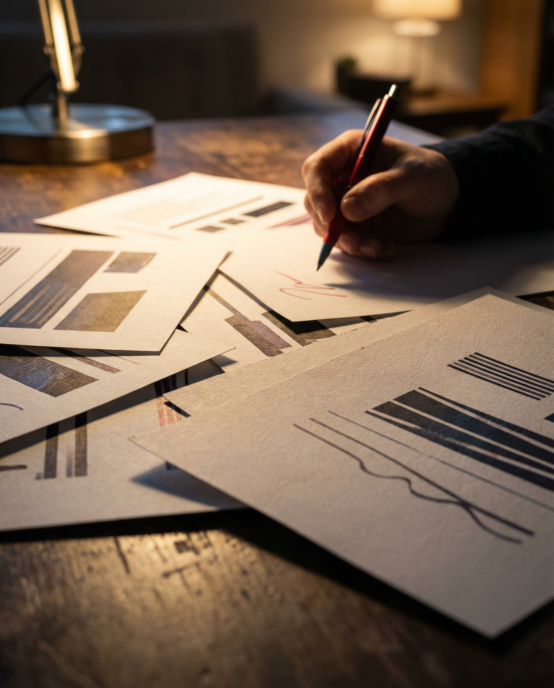 Photorealistic editorial photograph: extreme close-up macro shot of printed email and social media posts scattered across dark wooden desk, each page showing wildly different typography styles and ton