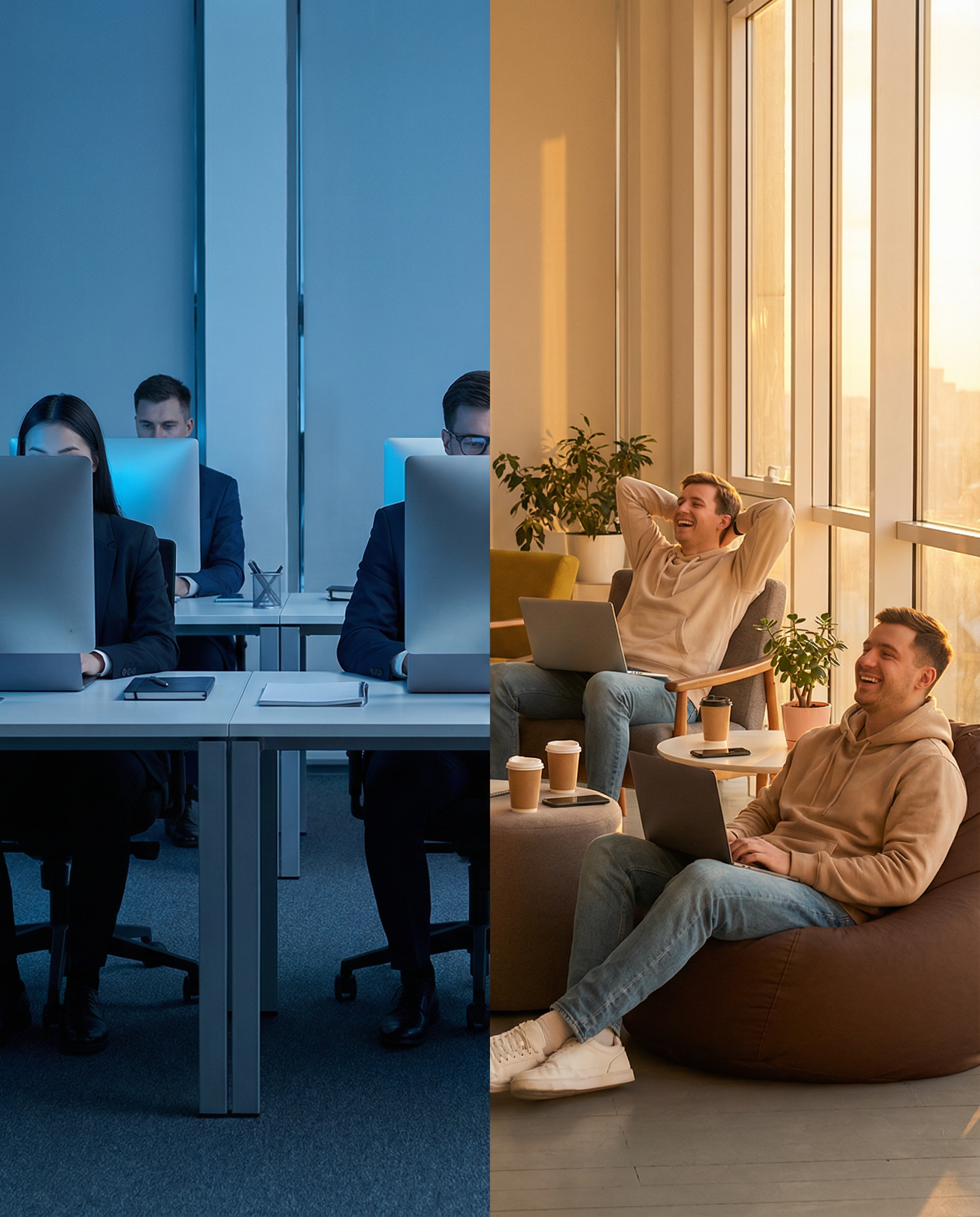 Photorealistic editorial photograph: split-screen office moment showing content team at laptops, left side bathed in cold blue monitor light showing corporate formal posture, right side warm golden ho