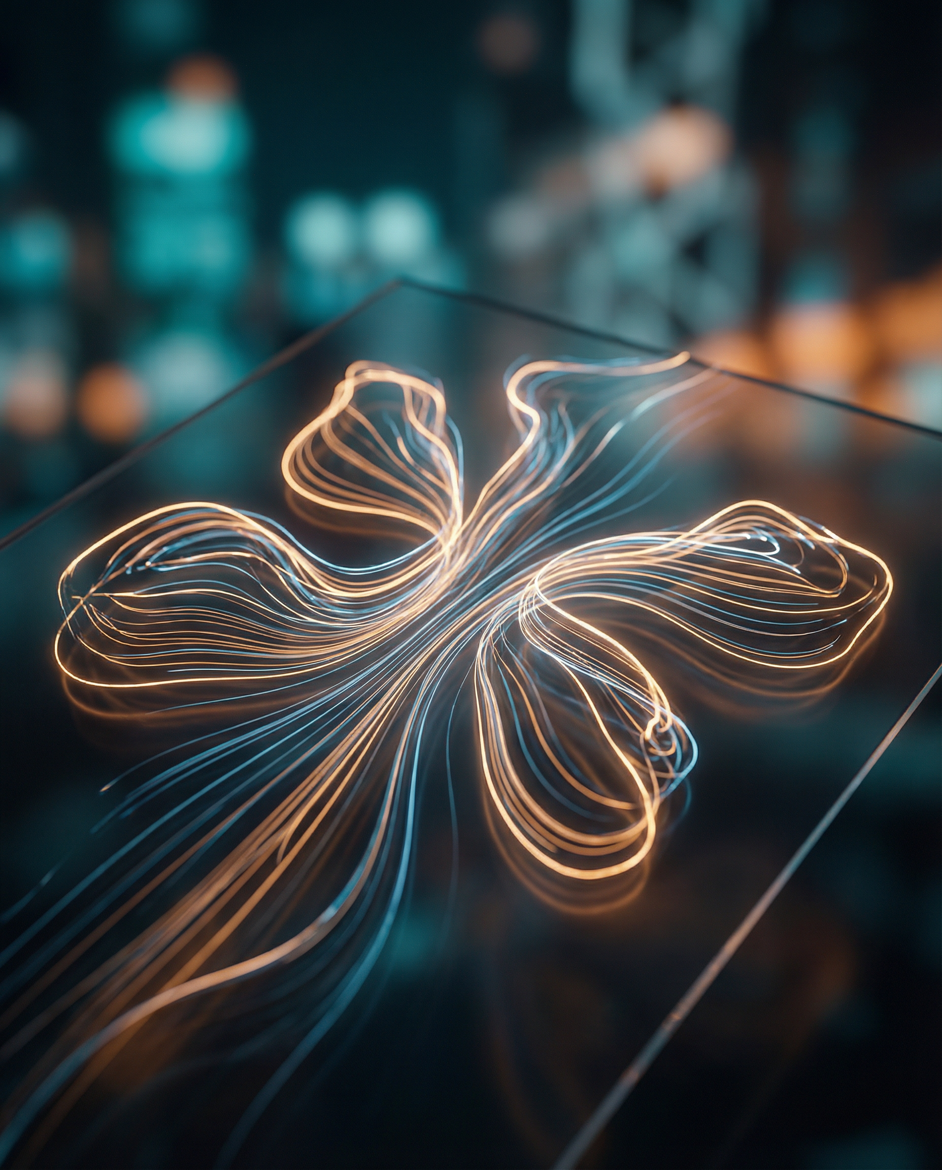 Photorealistic editorial photograph: close-up detail shot of linguistic pattern visualization, abstract flowing data streams representing voice analysis, warm amber and cool blue light trails showing