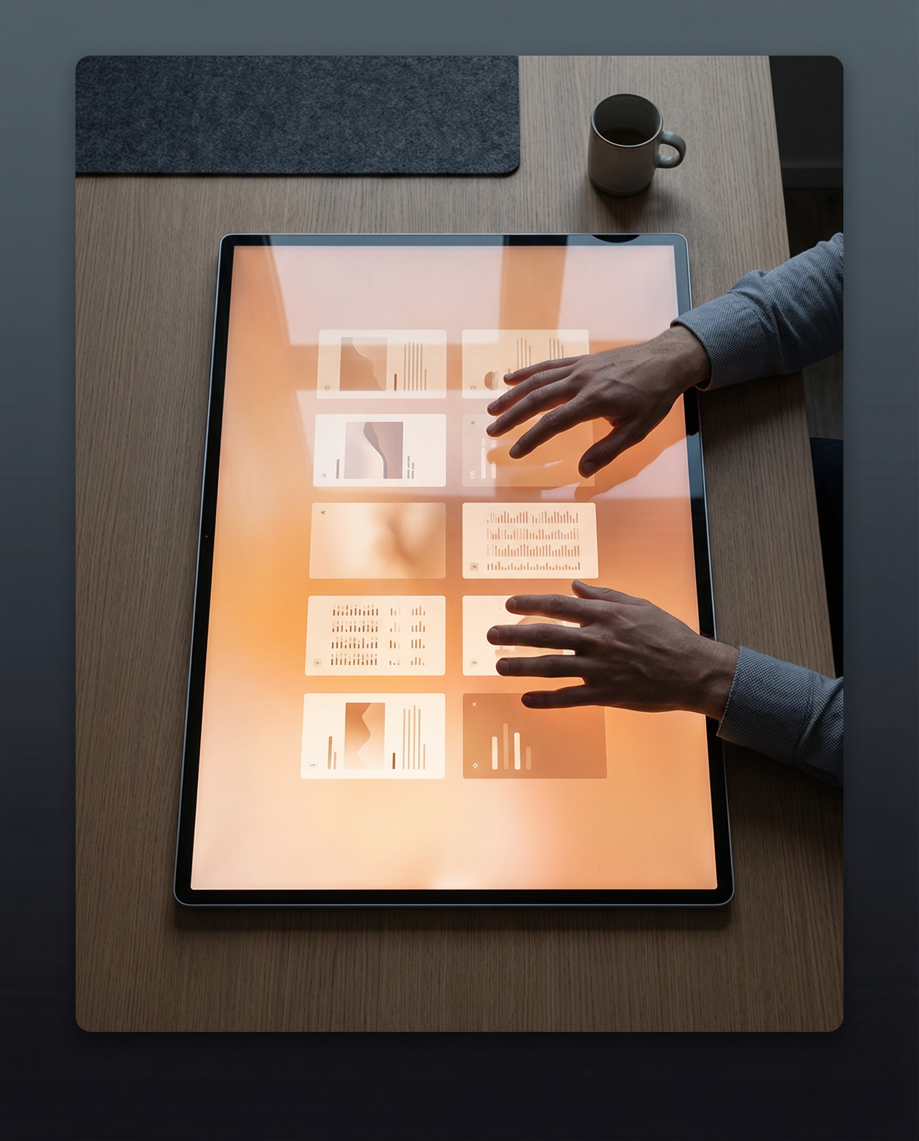 Photorealistic editorial photograph: overhead aerial view of AI training interface on large touchscreen display laid flat on minimalist desk, human hands hovering over content samples being uploaded,