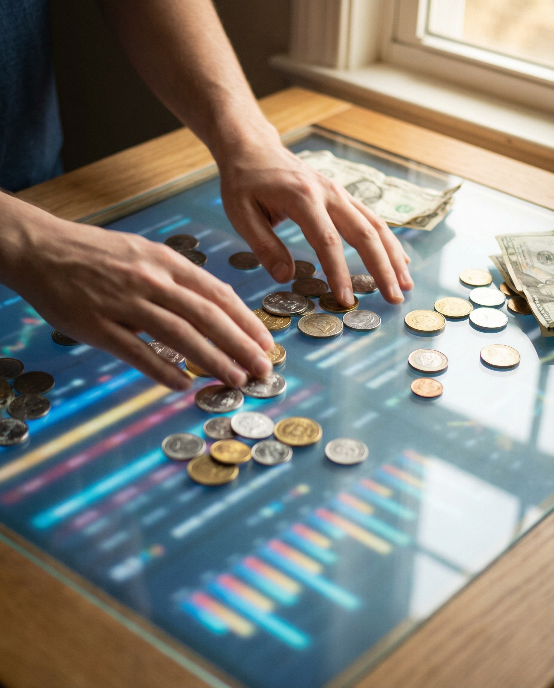 Photorealistic editorial photograph: dramatic overhead shot of hands manipulating physical advertising budget tokens on illuminated table surface, real-time graphs and performance metrics projected on