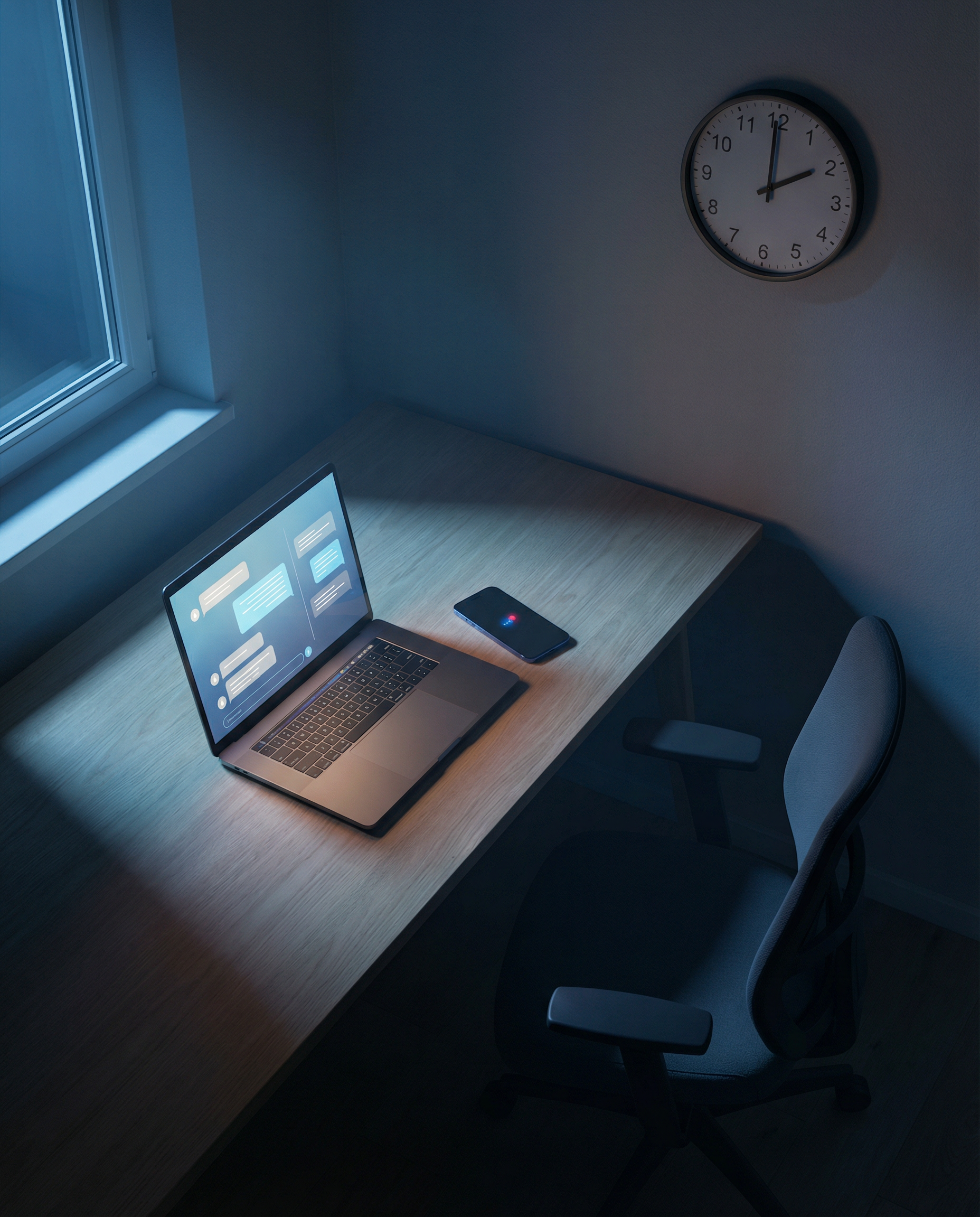 Photorealistic editorial photograph: overhead aerial view of minimalist desk at night, laptop screen glowing with chatbot conversation interface showing multiple customer inquiries, smartphone beside