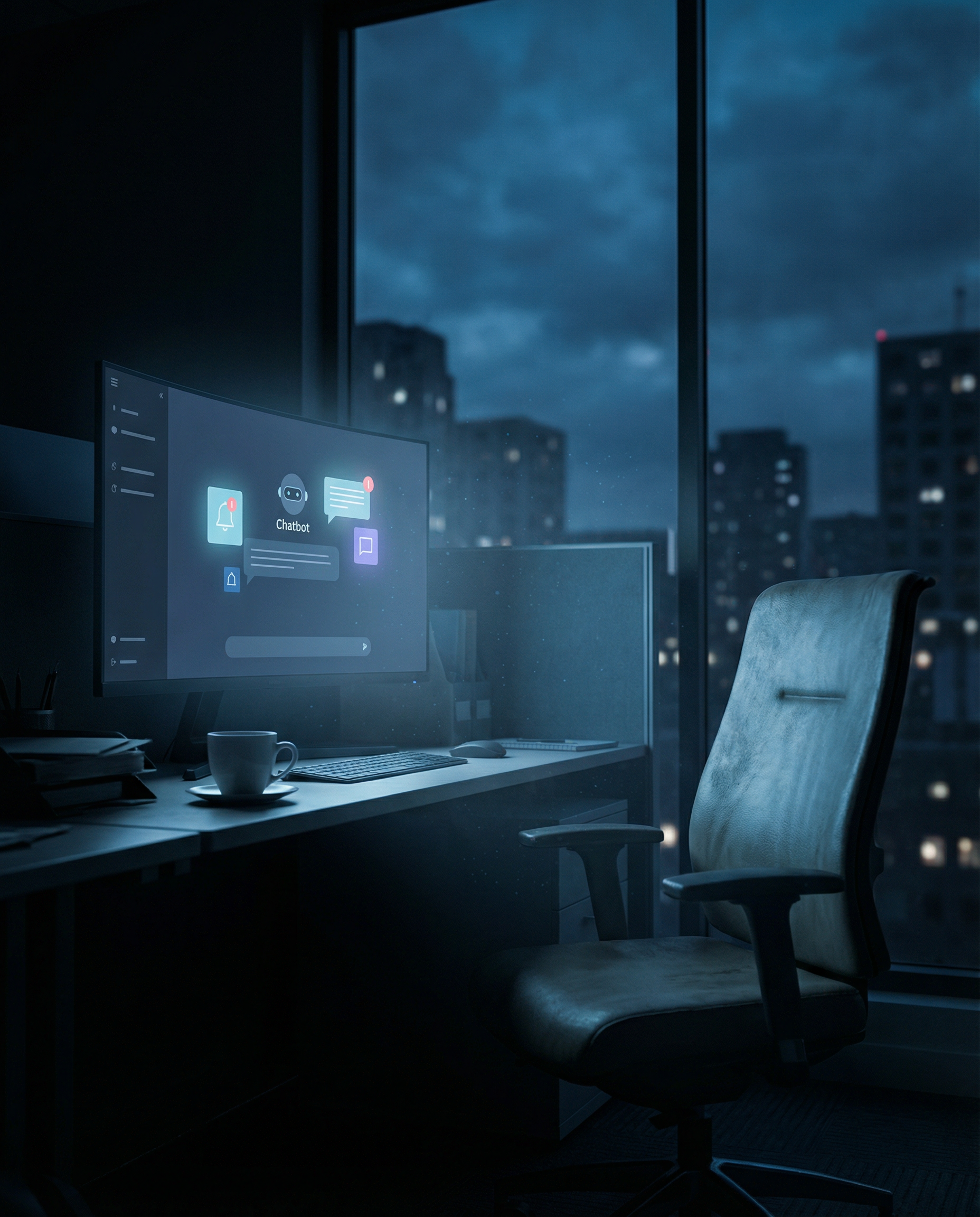 Photorealistic editorial photograph: late night office scene with chatbot interface projected on large monitor casting blue glow, empty desk chair and coffee cup suggest absent human, notification ico